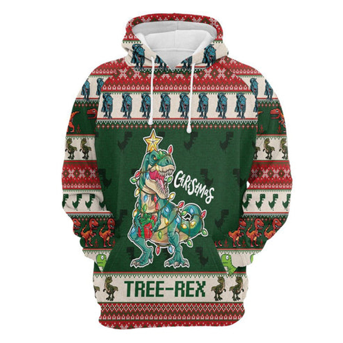 FUNSTUFFPRINT 3D Christmas Tree Rex All Over 3D Hoodie and Zip Hoodie