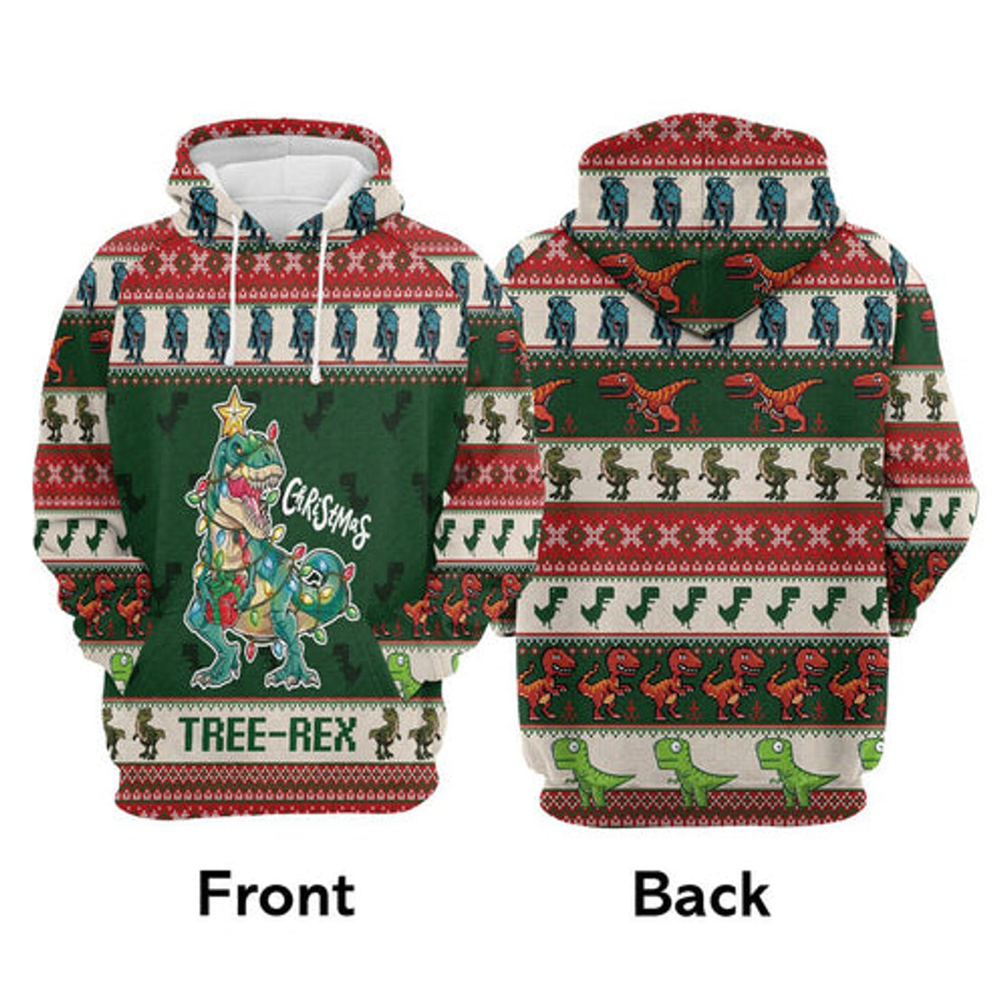 FUNSTUFFPRINT 3D Christmas Tree Rex All Over 3D Hoodie and Zip Hoodie
