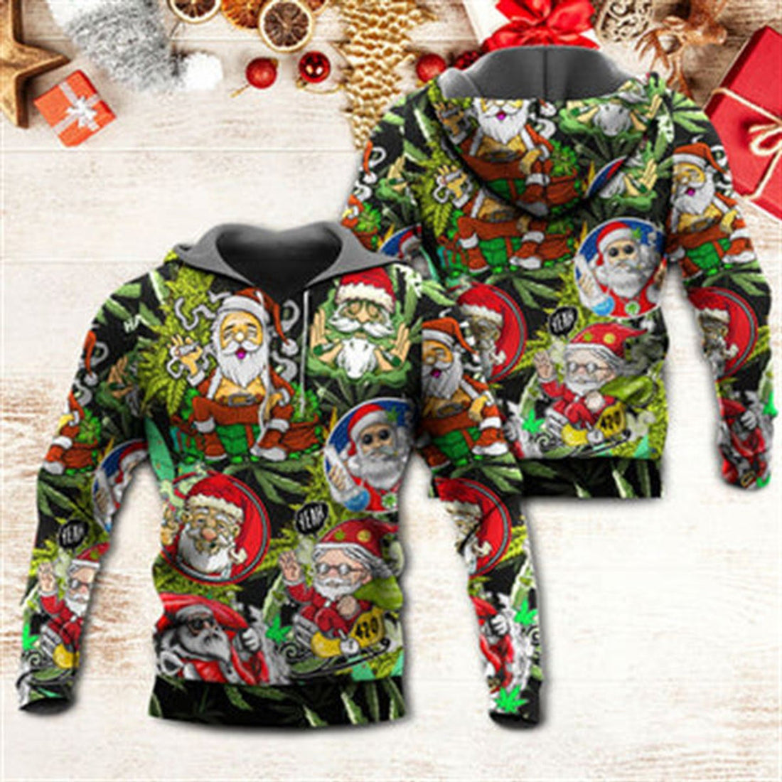FUNSTUFFPRINT 3D Christmas Weed Smoking Santa Hippie All Over 3D Hoodie and Zip Hoodie