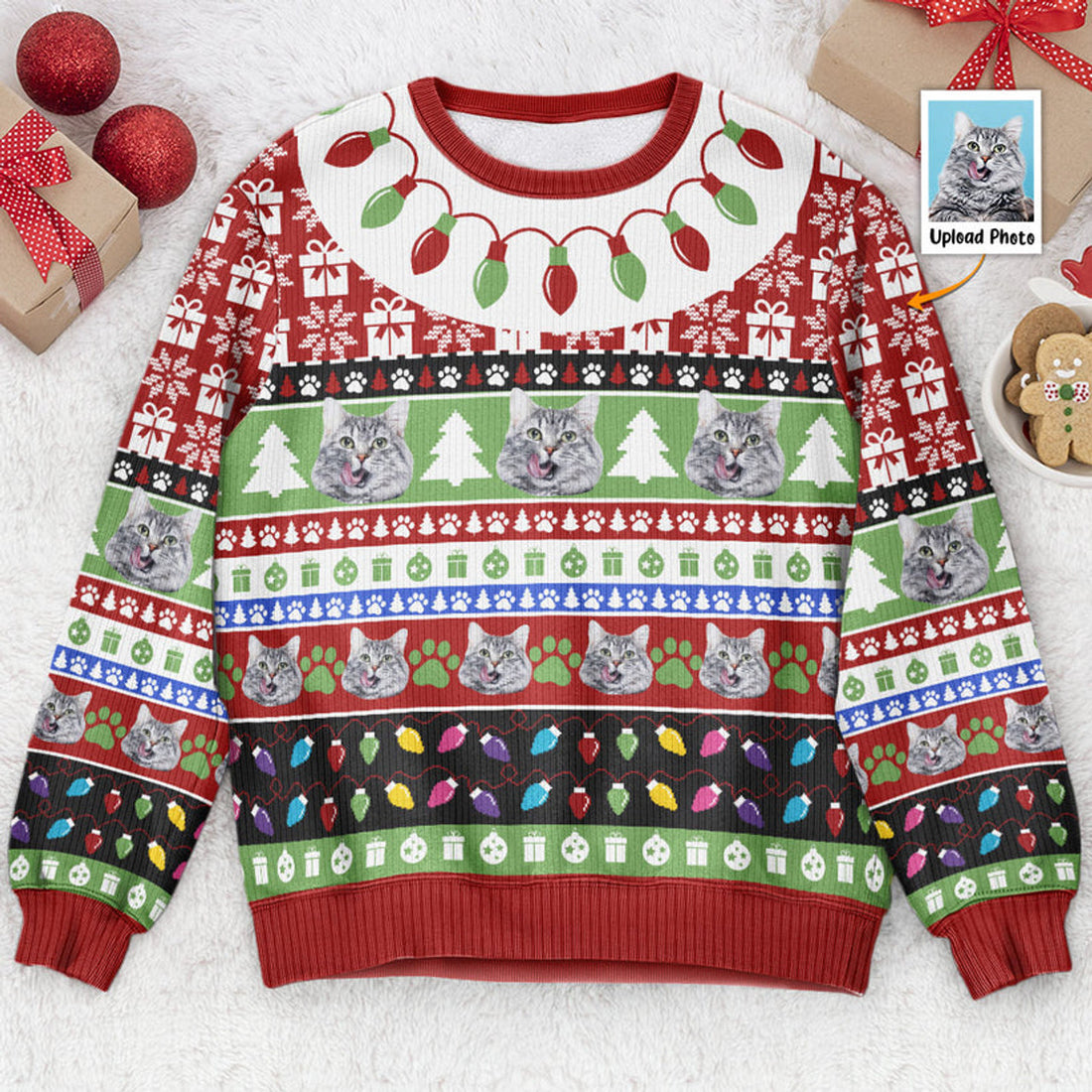 FUNSTUFFPRINT Custom Christmas & Your Cat Sweater Ugly Sweater