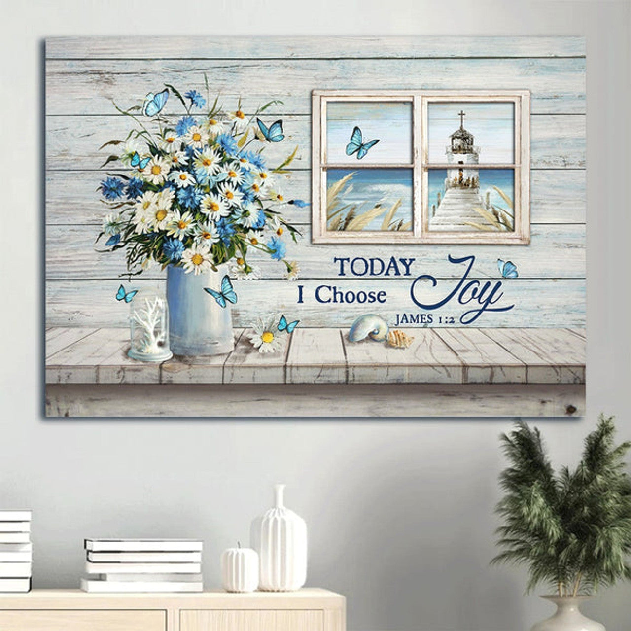 Church By The Sea Church Through Rustic Window Window Frame Blue Butterfly Daisy Flower Today I Choose Joy Canvas Wall Art - Christian Wall Decor