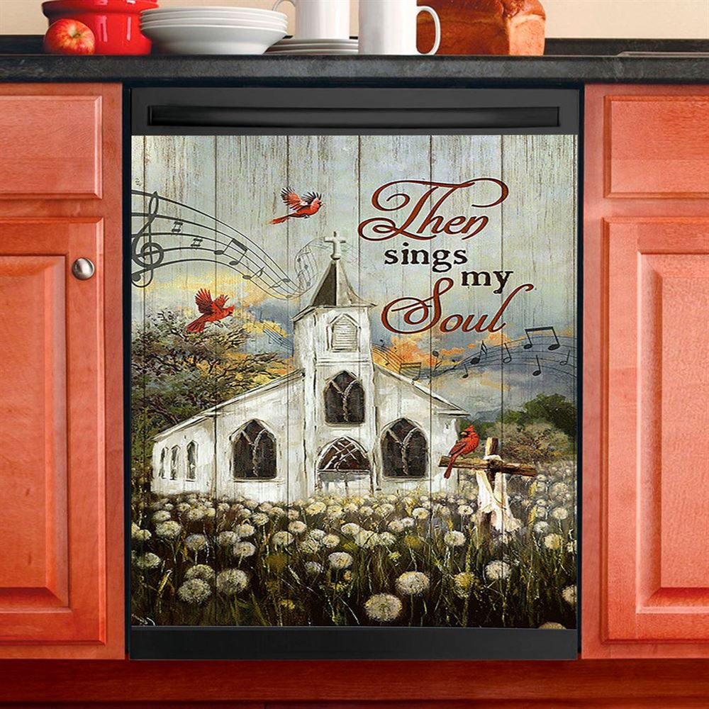 Church Lovely Red Cardinals Stunning Flower Field Dishwasher Cover,Then Sings My Soul Dishwasher Magnet Cover, Christian Kitchen Decor