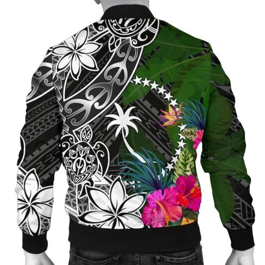 FUNSTUFFPRINT Chuuk Men Bomber Jacket - Turtle Plumeria Banana Leaf 3D Bomber Jacket