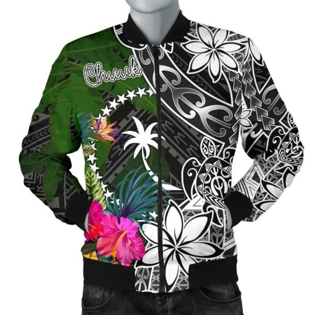 FUNSTUFFPRINT Chuuk Men Bomber Jacket - Turtle Plumeria Banana Leaf 3D Bomber Jacket