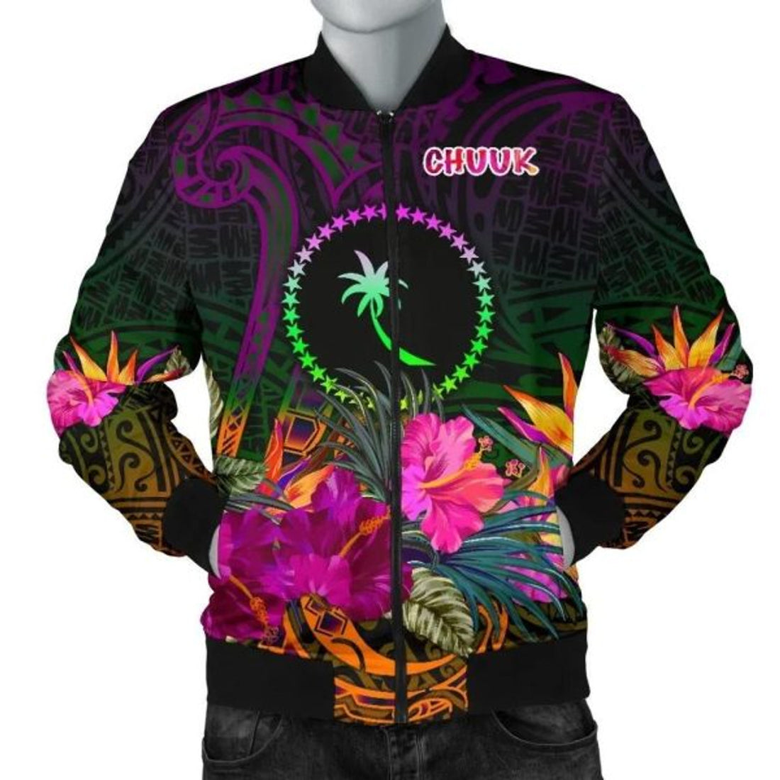 FUNSTUFFPRINT Chuuk Men's Bomber Jacket - Summer Hibiscus 3D Bomber Jacket