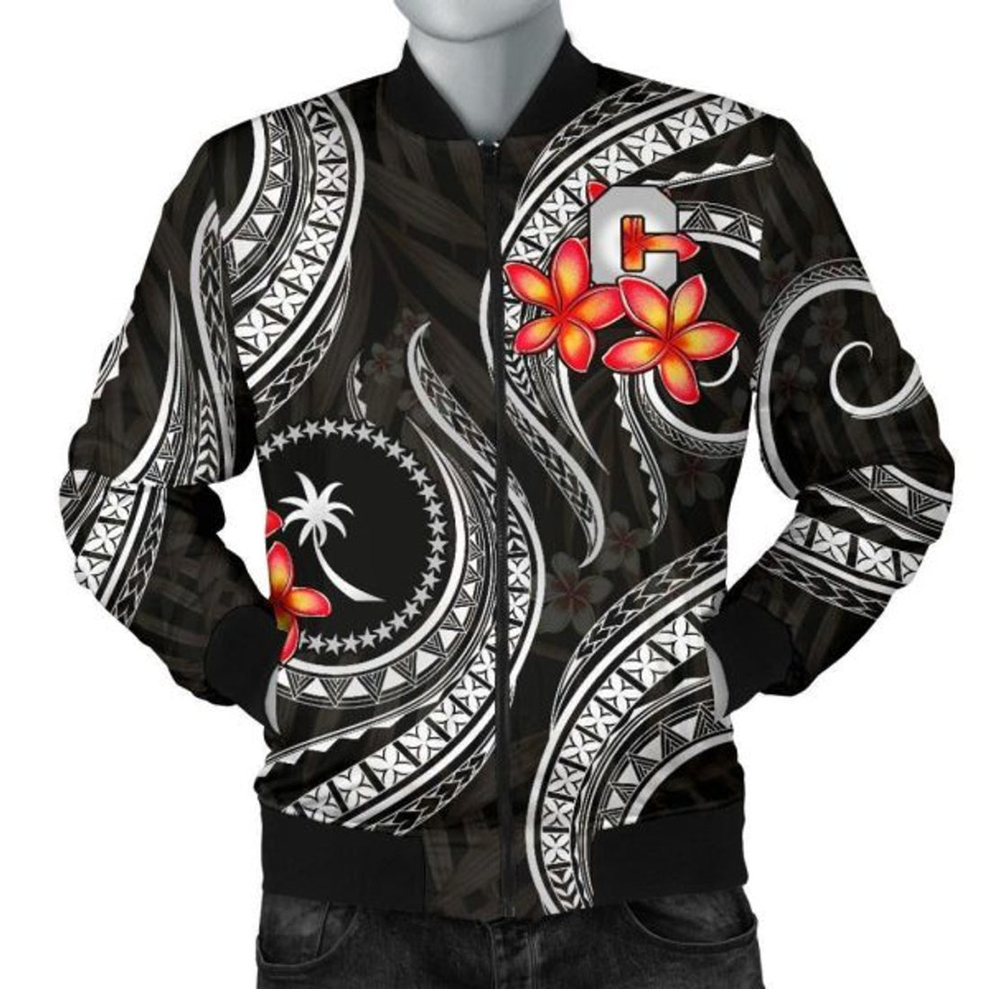 FUNSTUFFPRINT Chuuk Micronesian Men Bomber Jacket - Black Plumeria 3D Bomber Jacket