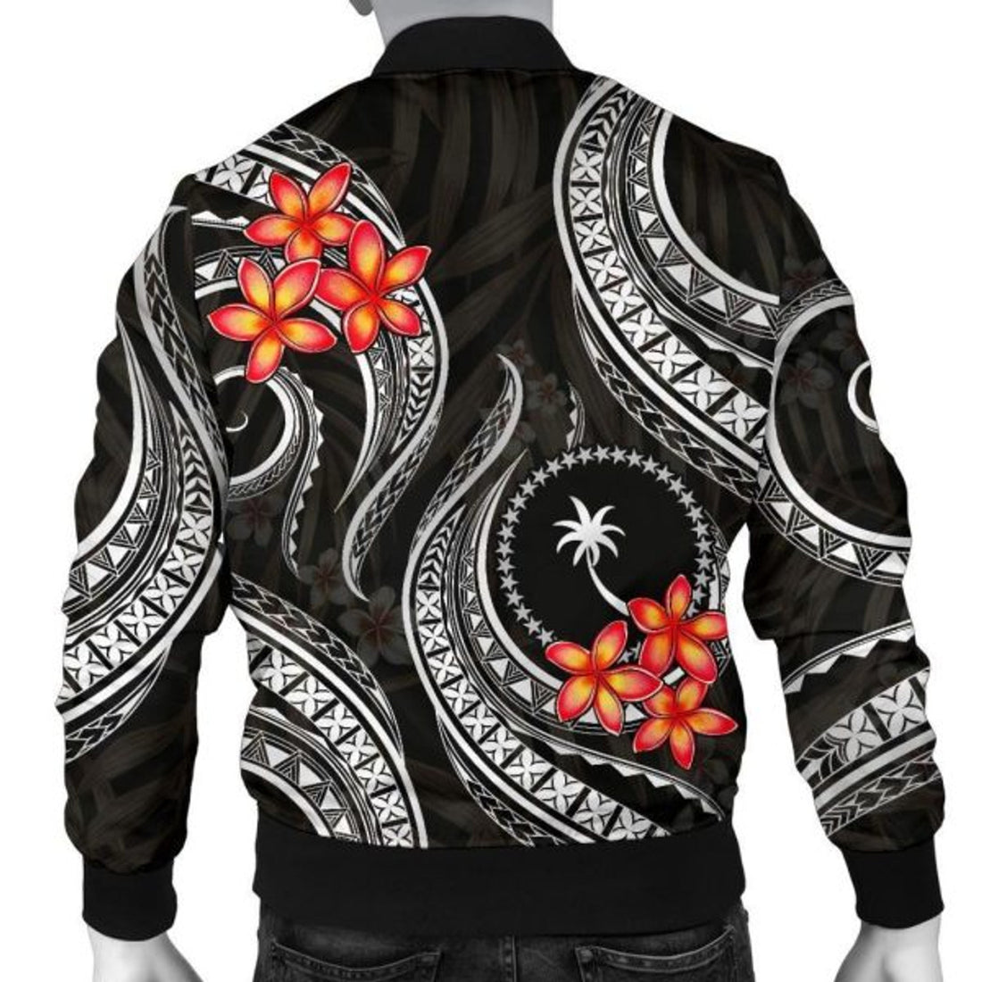 FUNSTUFFPRINT Chuuk Micronesian Men Bomber Jacket - Black Plumeria 3D Bomber Jacket