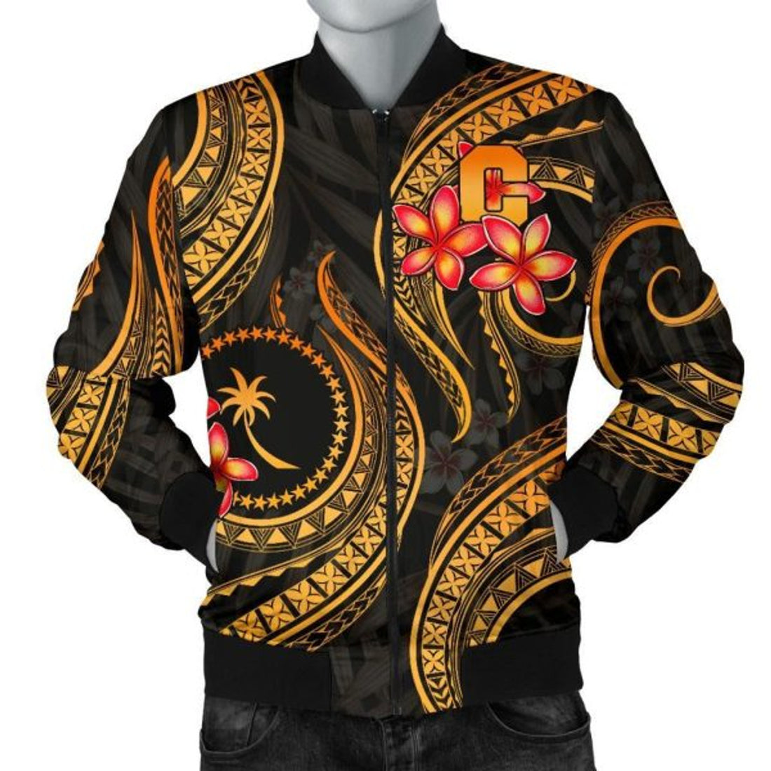 FUNSTUFFPRINT Chuuk Micronesian Men Bomber Jacket - Gold Plumeria 3D Bomber Jacket