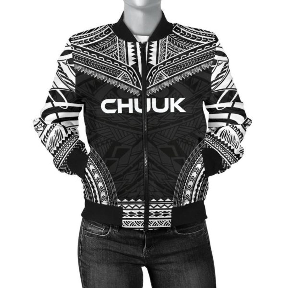 FUNSTUFFPRINT Chuuk Polynesian Chief Women'S Bomber Jacket - Black Version 3D Bomber Jacket