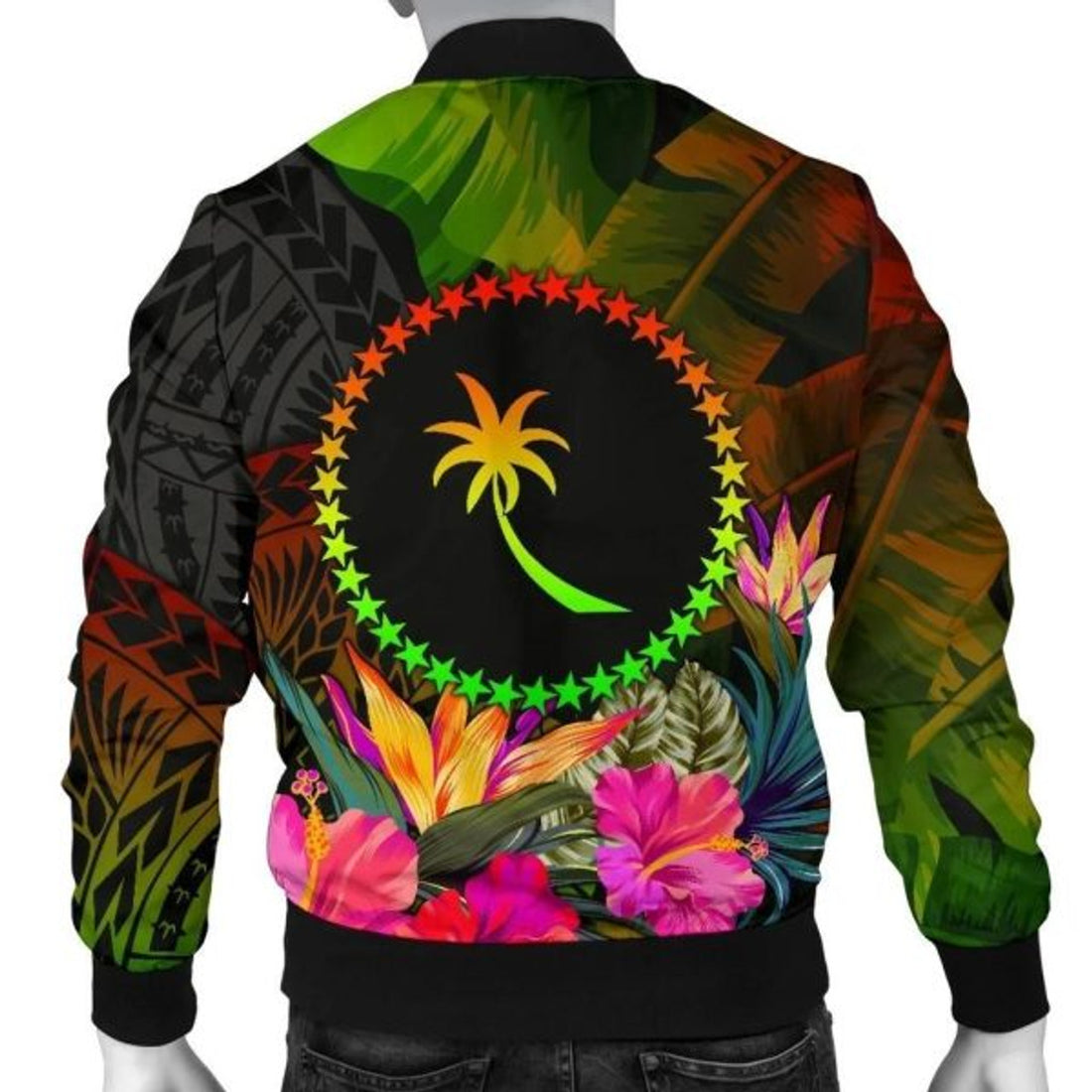 FUNSTUFFPRINT Chuuk Polynesian Men's Bomber Jacket - Hibiscus and Banana Leaves 3D Bomber Jacket