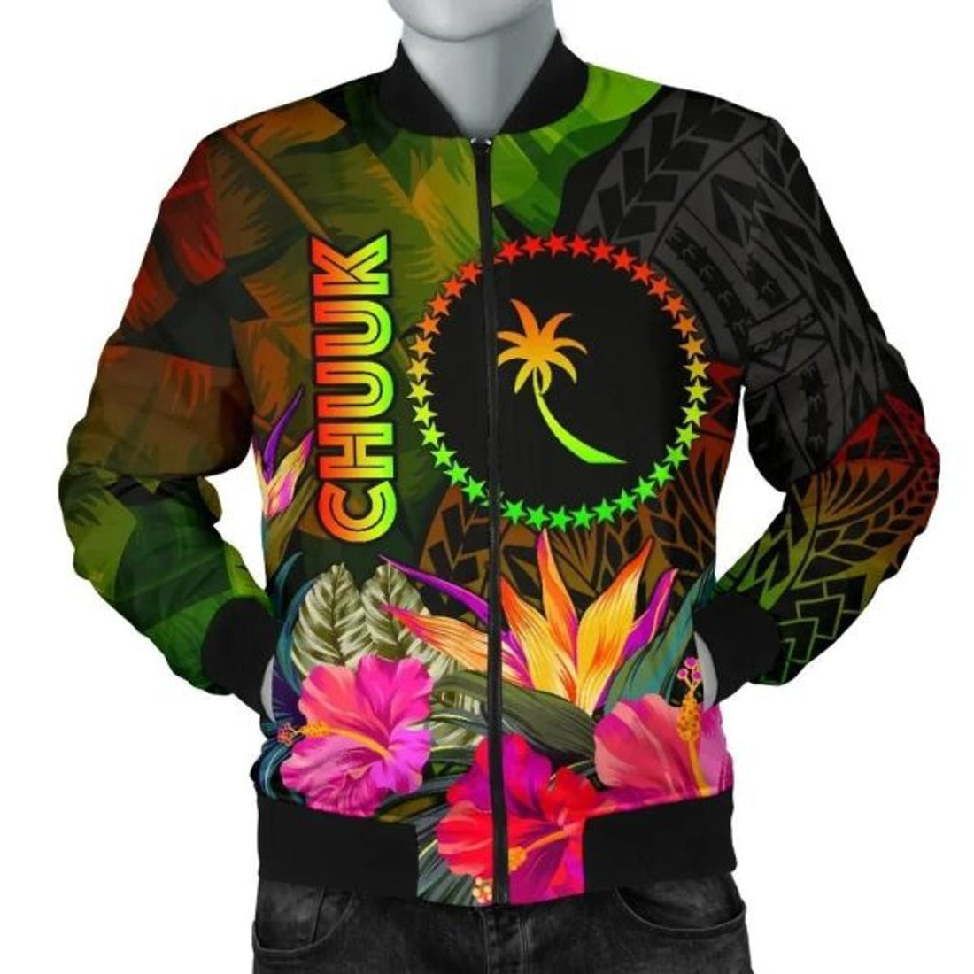 FUNSTUFFPRINT Chuuk Polynesian Men's Bomber Jacket - Hibiscus and Banana Leaves 3D Bomber Jacket