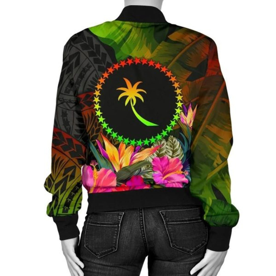 FUNSTUFFPRINT Chuuk Polynesian Personalised Women's Bomber Jacket - Hibiscus and Banana Leaves 3D Bomber Jacket
