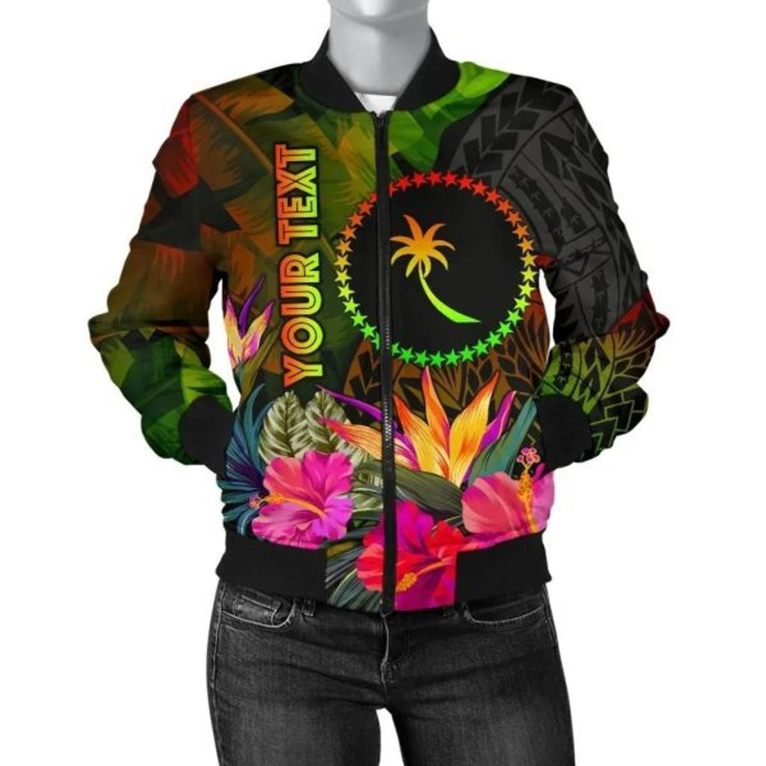FUNSTUFFPRINT Chuuk Polynesian Personalised Women's Bomber Jacket - Hibiscus and Banana Leaves 3D Bomber Jacket