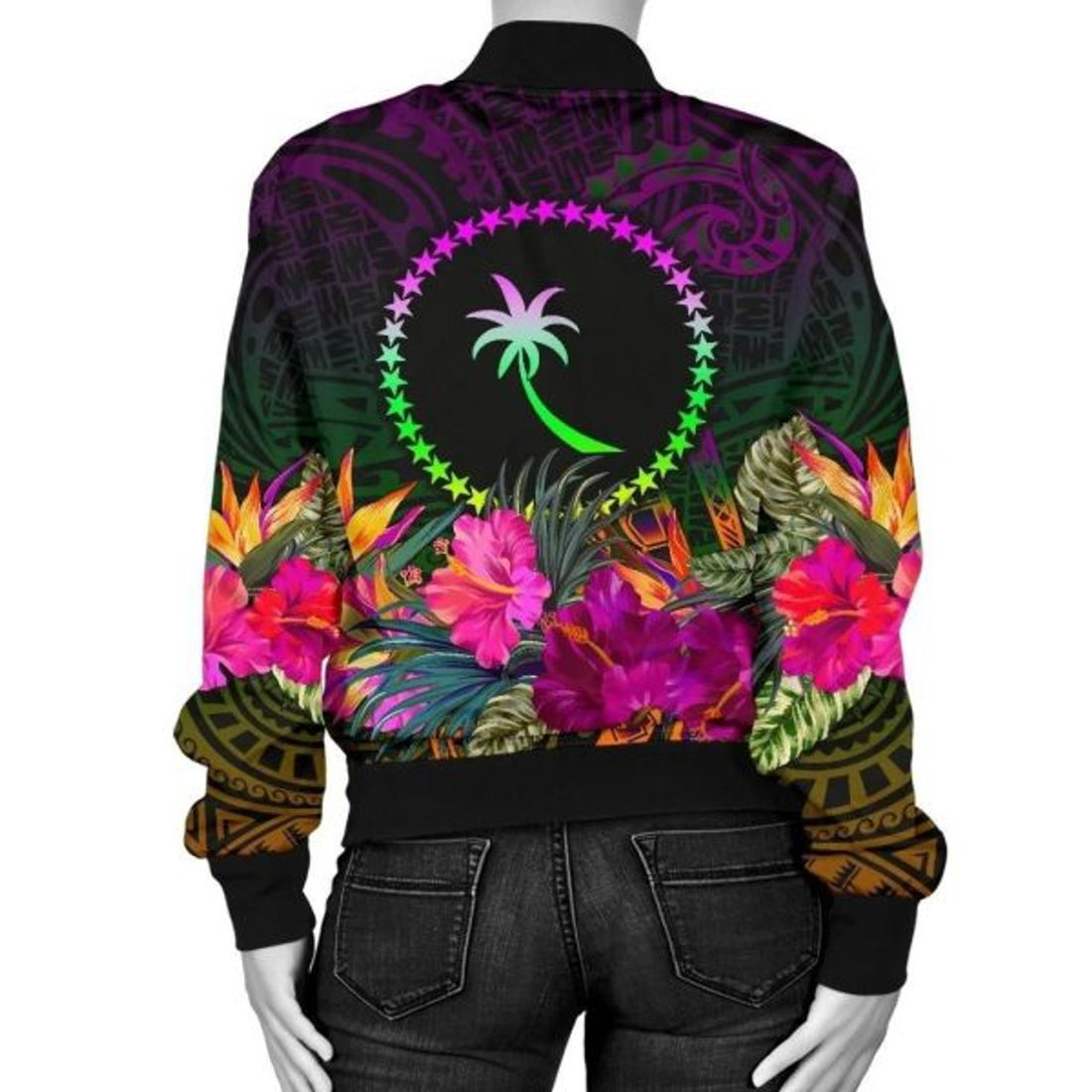 FUNSTUFFPRINT Chuuk Women's Bomber Jacket - Summer Hibiscus 3D Bomber Jacket