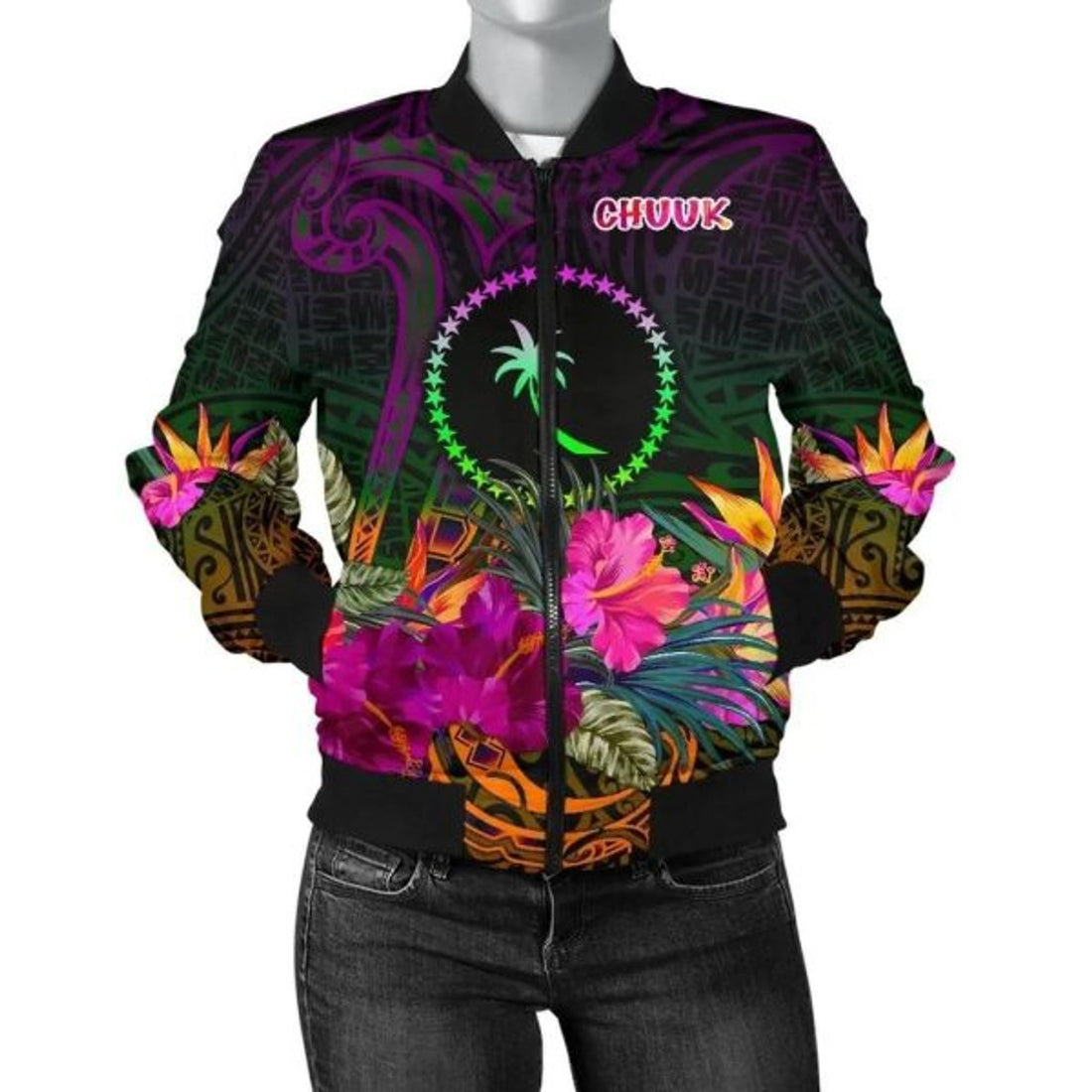 FUNSTUFFPRINT Chuuk Women's Bomber Jacket - Summer Hibiscus 3D Bomber Jacket