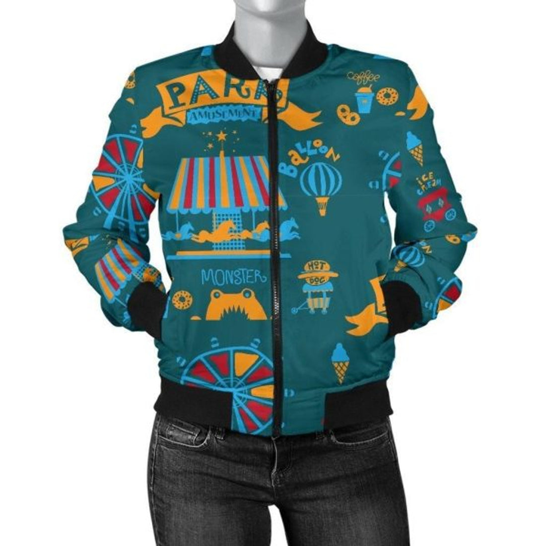 FUNSTUFFPRINT Circus Amusement Park Pattern Print Women Casual 3D Bomber Jacket