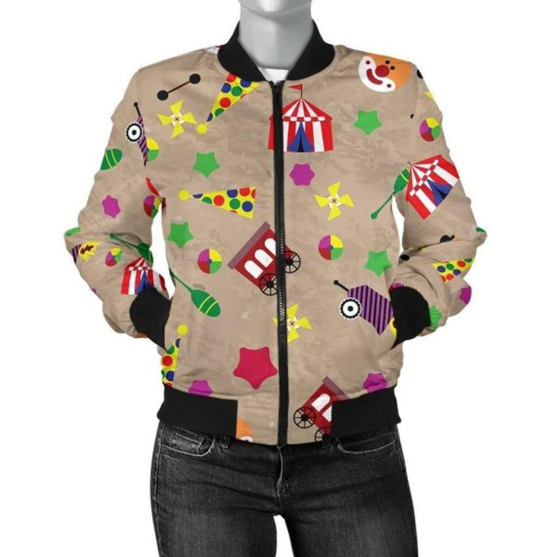 FUNSTUFFPRINT Circus Pattern Print Women Casual 3D Bomber Jacket