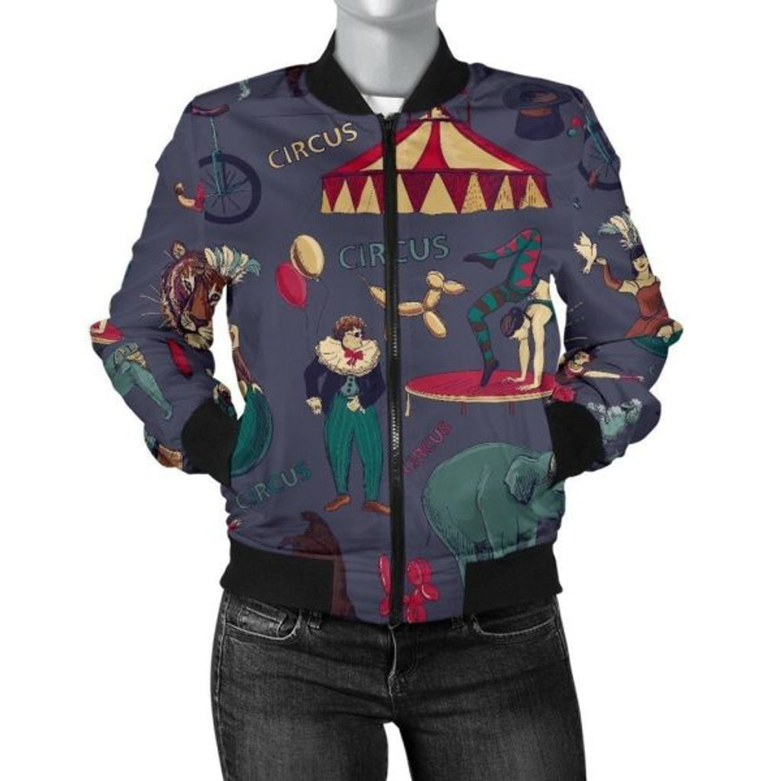 FUNSTUFFPRINT Circus Print Pattern Women Casual 3D Bomber Jacket
