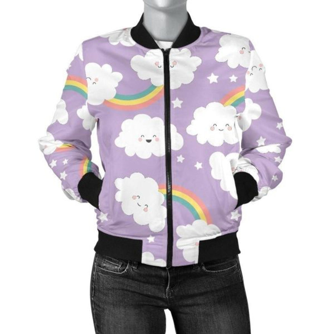 FUNSTUFFPRINT Cloud Smile Pattern Print Women Casual 3D Bomber Jacket