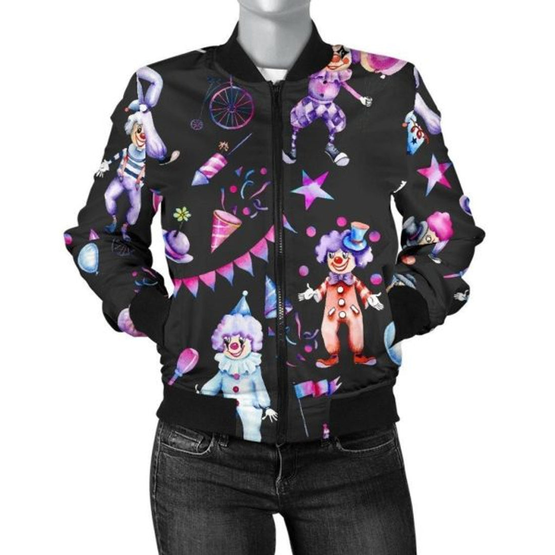FUNSTUFFPRINT Clown Pattern Print Women Casual 3D Bomber Jacket