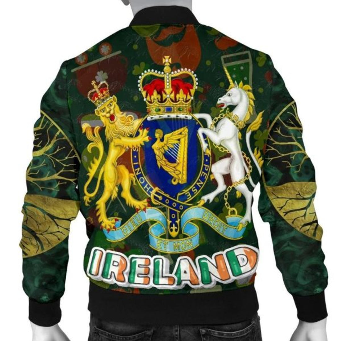 FUNSTUFFPRINT Coat of Arms Kingdom of Ireland Men's Bomber Jacket - Celtic Inspired 3D Bomber Jacket