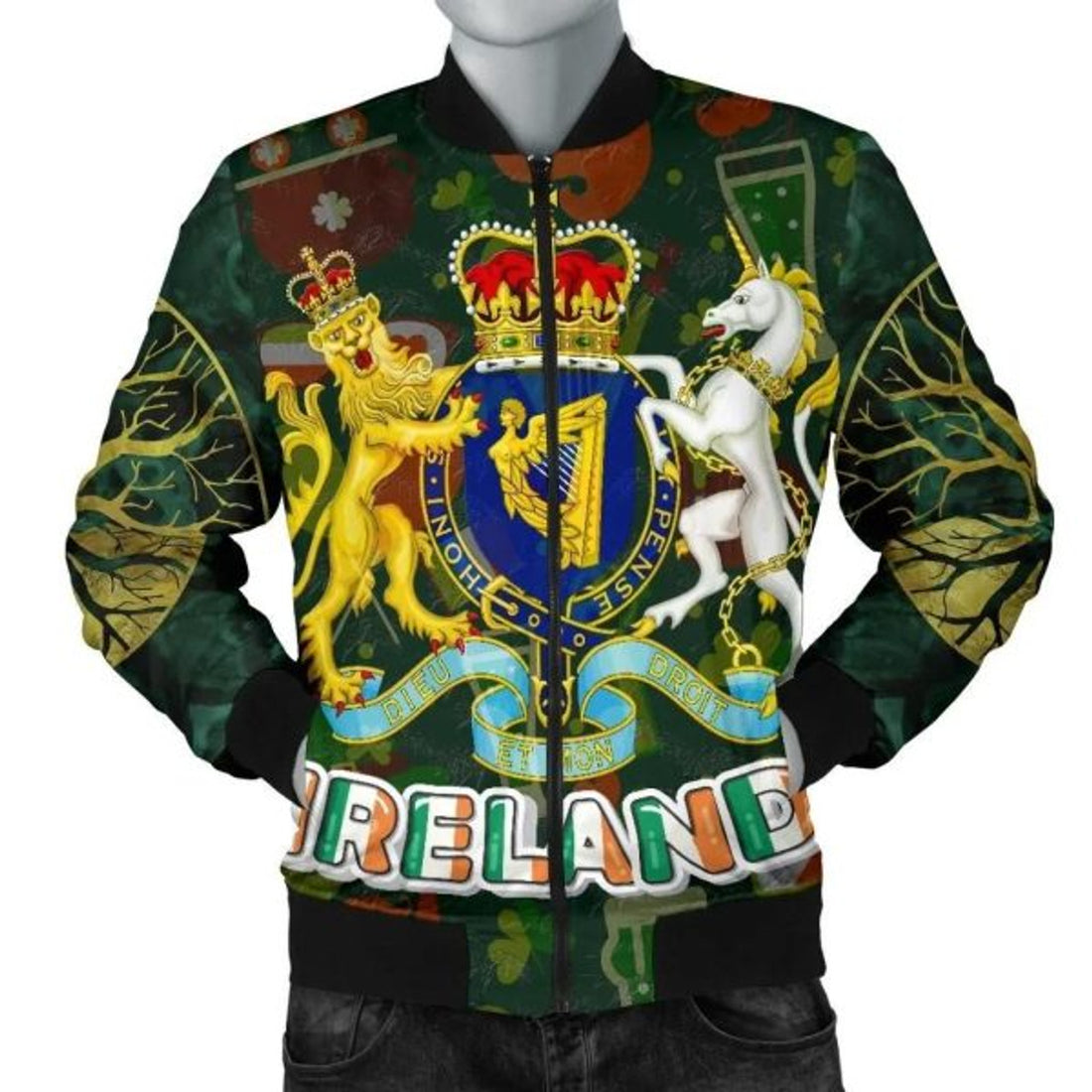FUNSTUFFPRINT Coat of Arms Kingdom of Ireland Men's Bomber Jacket - Celtic Inspired 3D Bomber Jacket