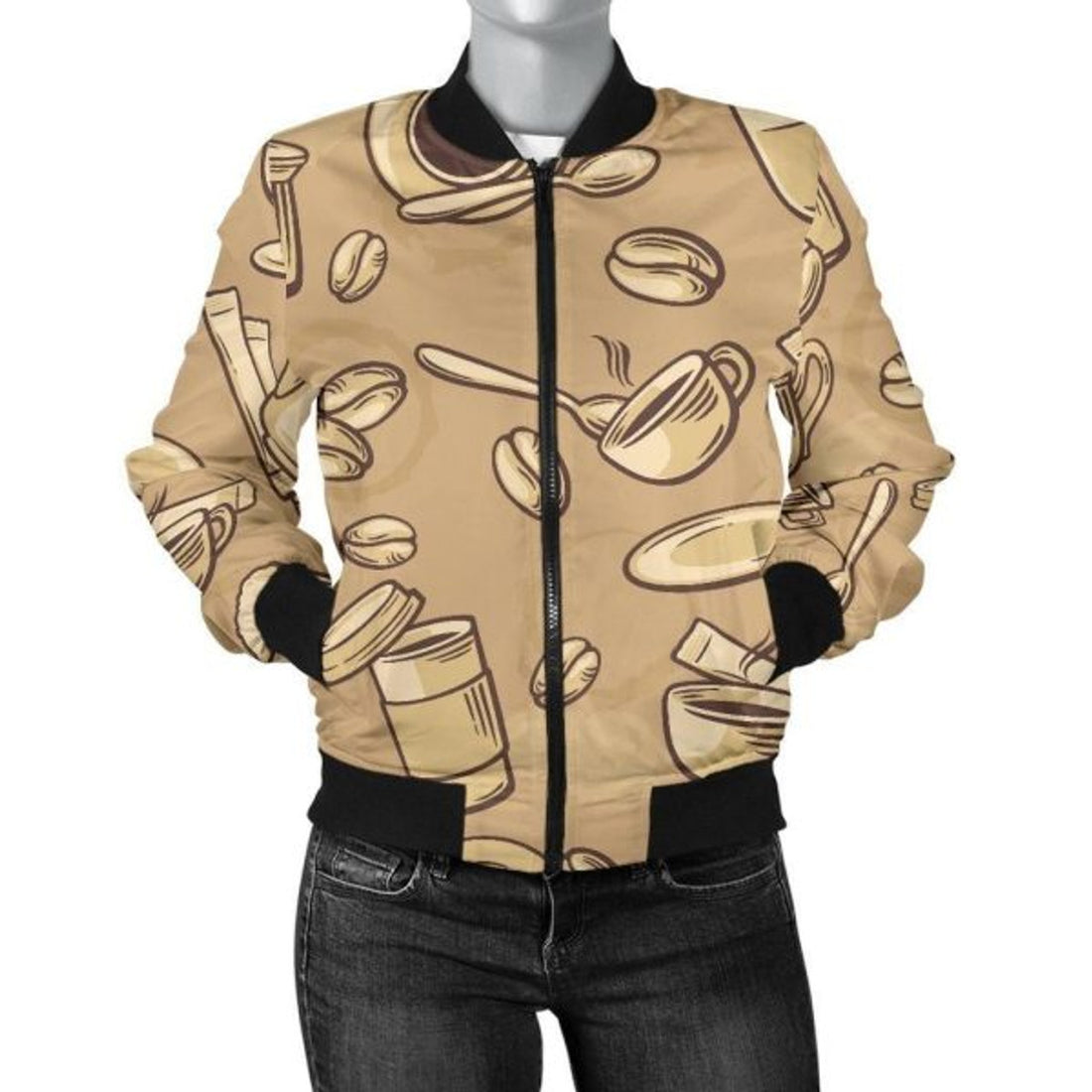 FUNSTUFFPRINT Coffee Pattern Print Women Casual 3D Bomber Jacket