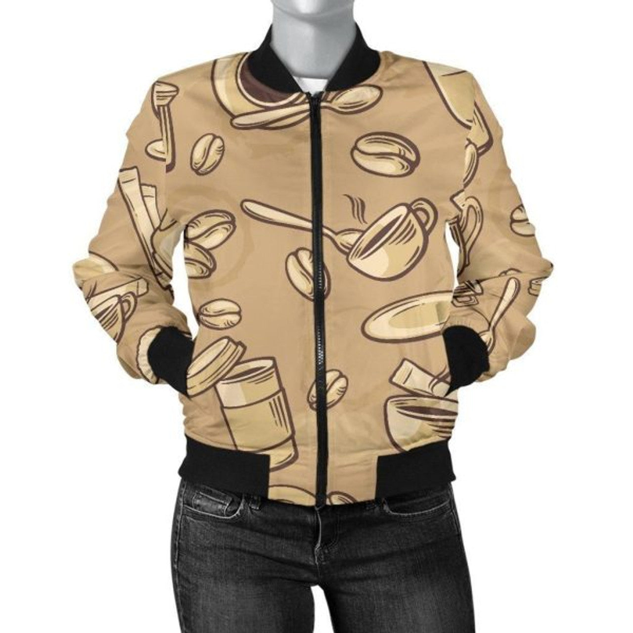 FUNSTUFFPRINT Coffee Pattern Print Women Casual 3D Bomber Jacket