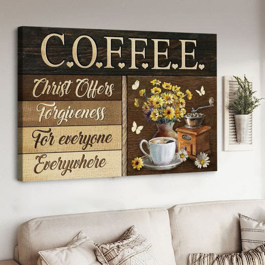 Coffee Poster, Christ Offers Forgiven For Everyone Everywhere Poster and Canvas