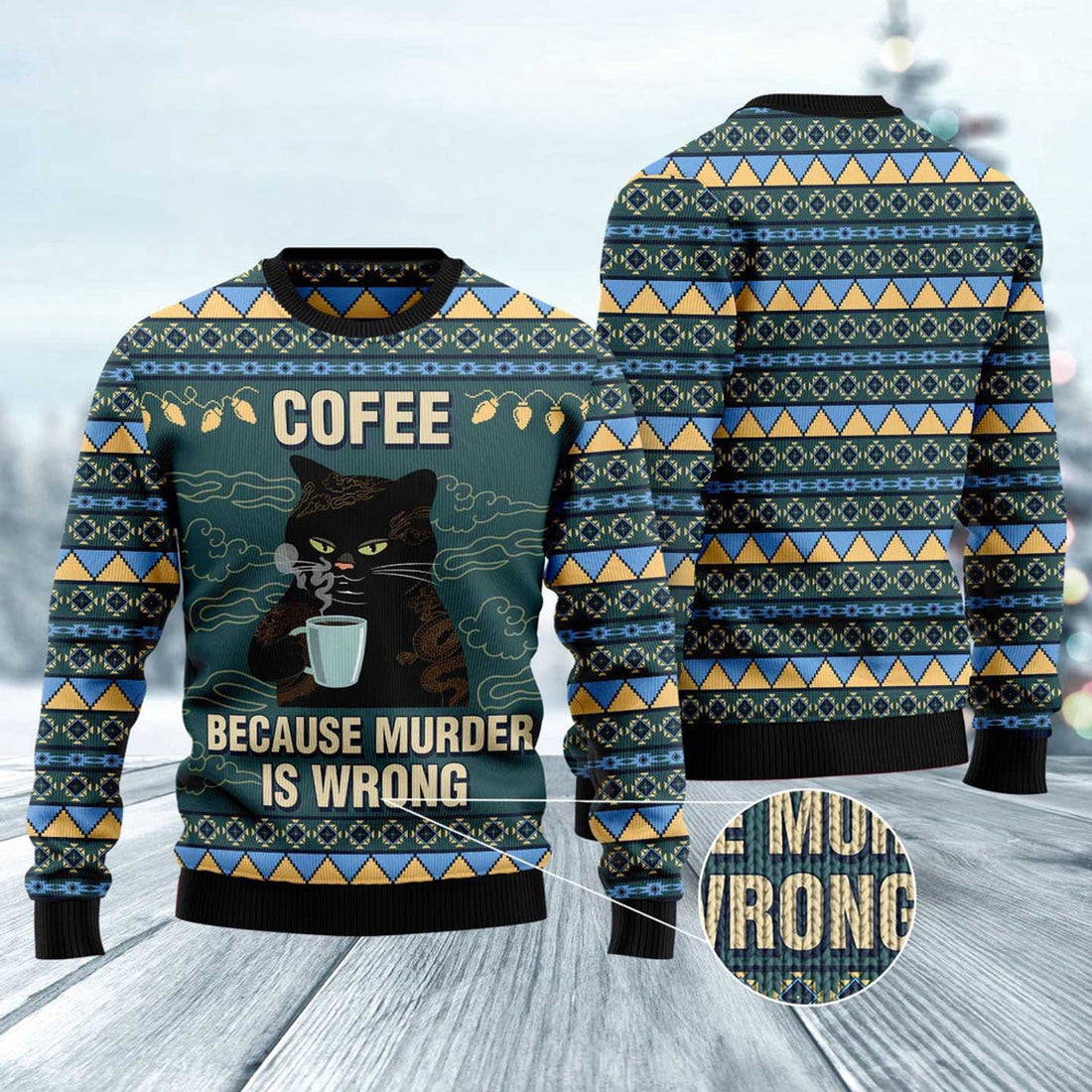 FUNSTUFFPRINT Coffee Cat Ugly Christmas Sweater, Christmas Cat Ugly Sweater, Ugly Cat Xmas Sweater Ugly Sweater