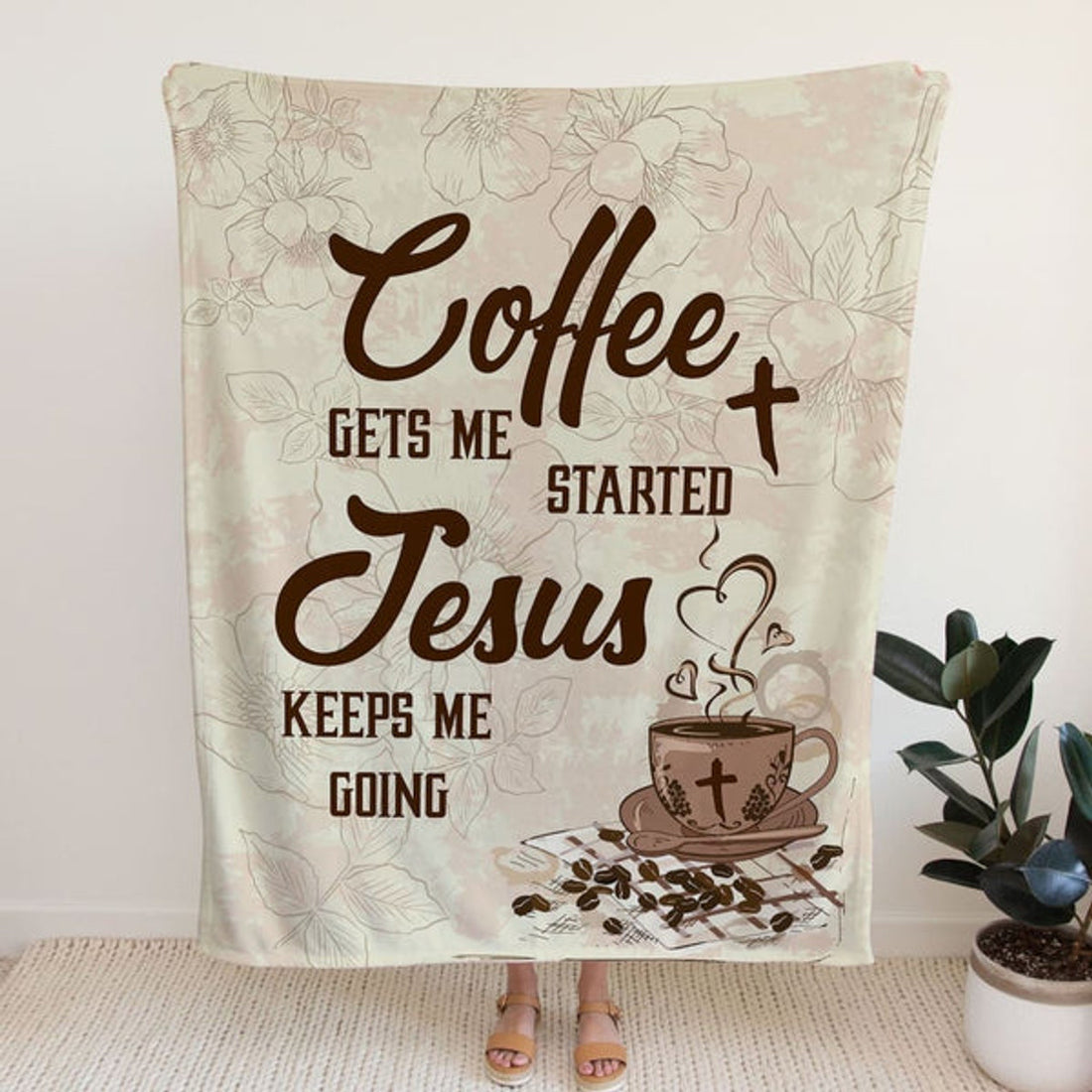 FUNSTUFFPRINT Coffee Get Me Started Jesus Keeps Me Going Fleece Blanket - Christian Blanket - Bible Verse Blanket