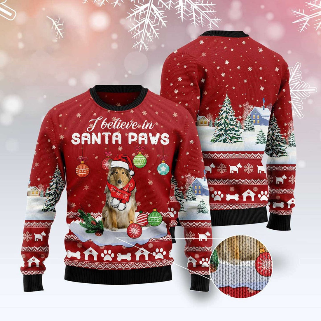 FUNSTUFFPRINT Collie I Believe In Santa Paws Ugly Christmas Sweater, Dog Ugly Christmas Sweater, Ugly Dog Sweaters Ugly  Sweater