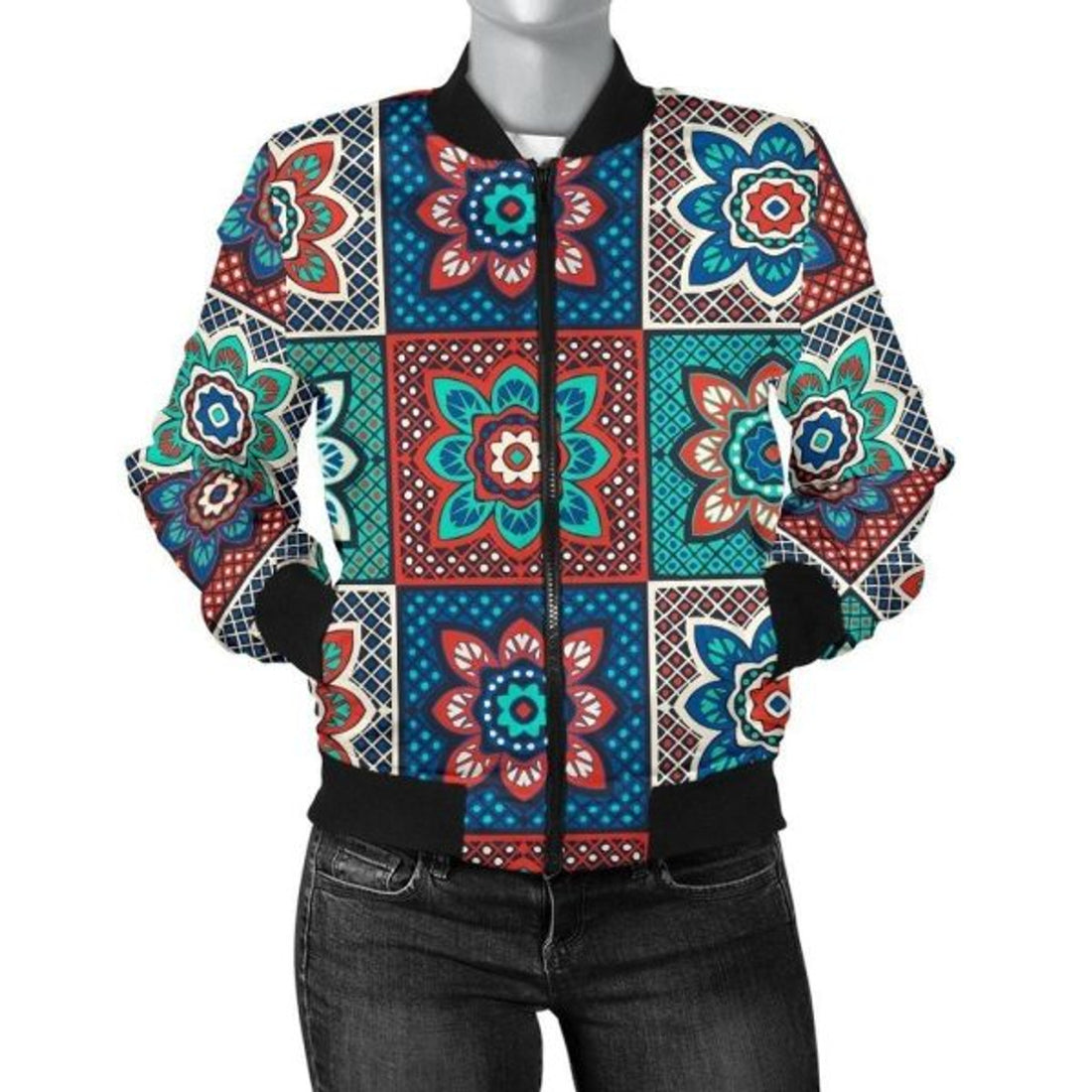 FUNSTUFFPRINT Colorful Mosaic Print Pattern Women Casual 3D Bomber Jacket