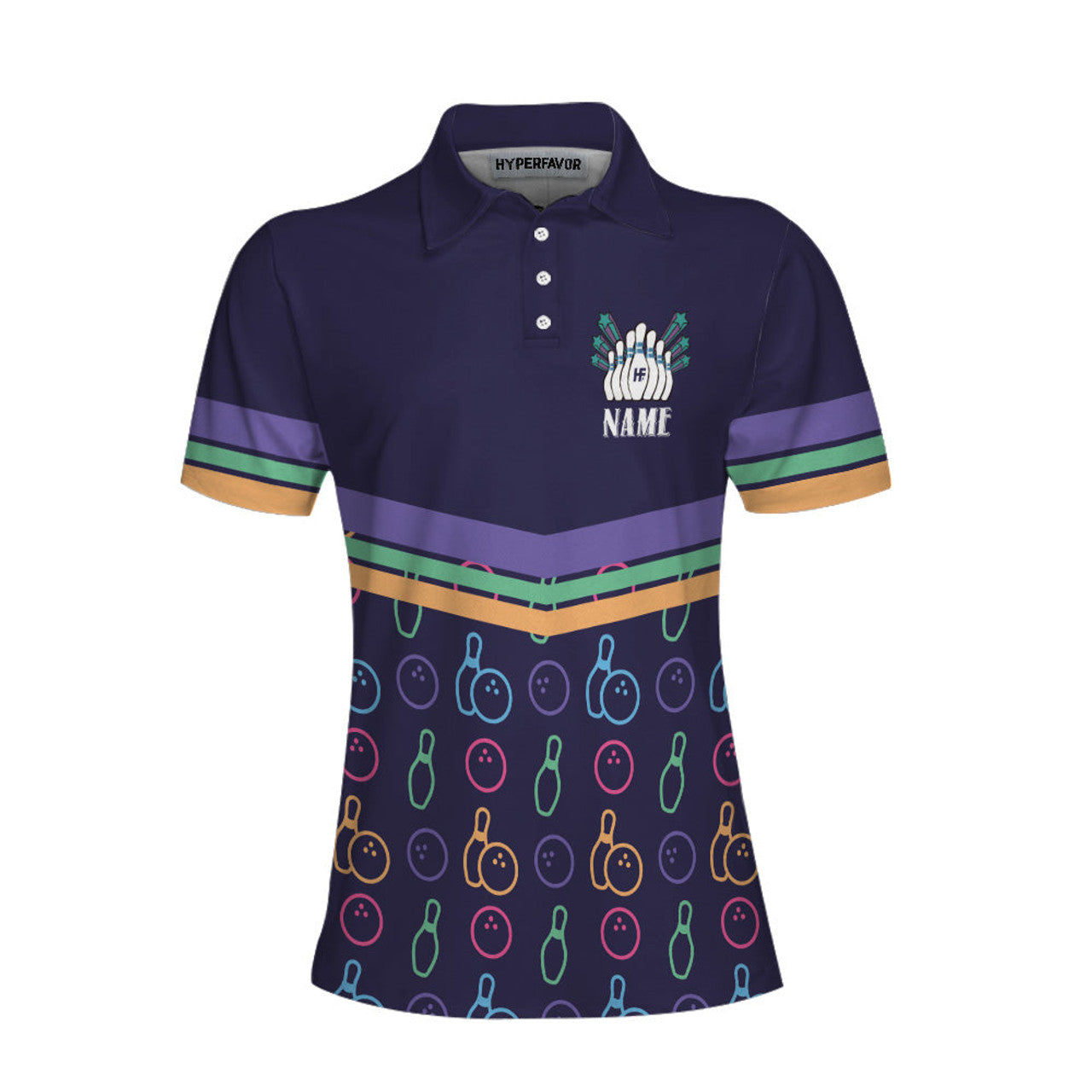 Custom Colorful Bowling Pattern Custom Short Sleeve Woman Polo Shirt, Personalized Bowling Themed Shirt For Ladies, Cool Gift For Bowlers