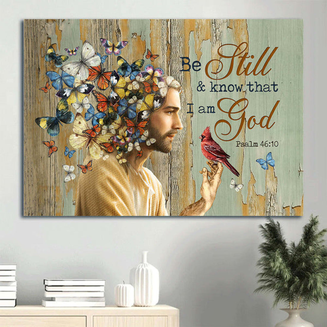 Colorful Butterfly The Real Face Of Jesus Red Cardinal Be Still And Know That I Am God Canvas Wall Art - Christian Wall Decor