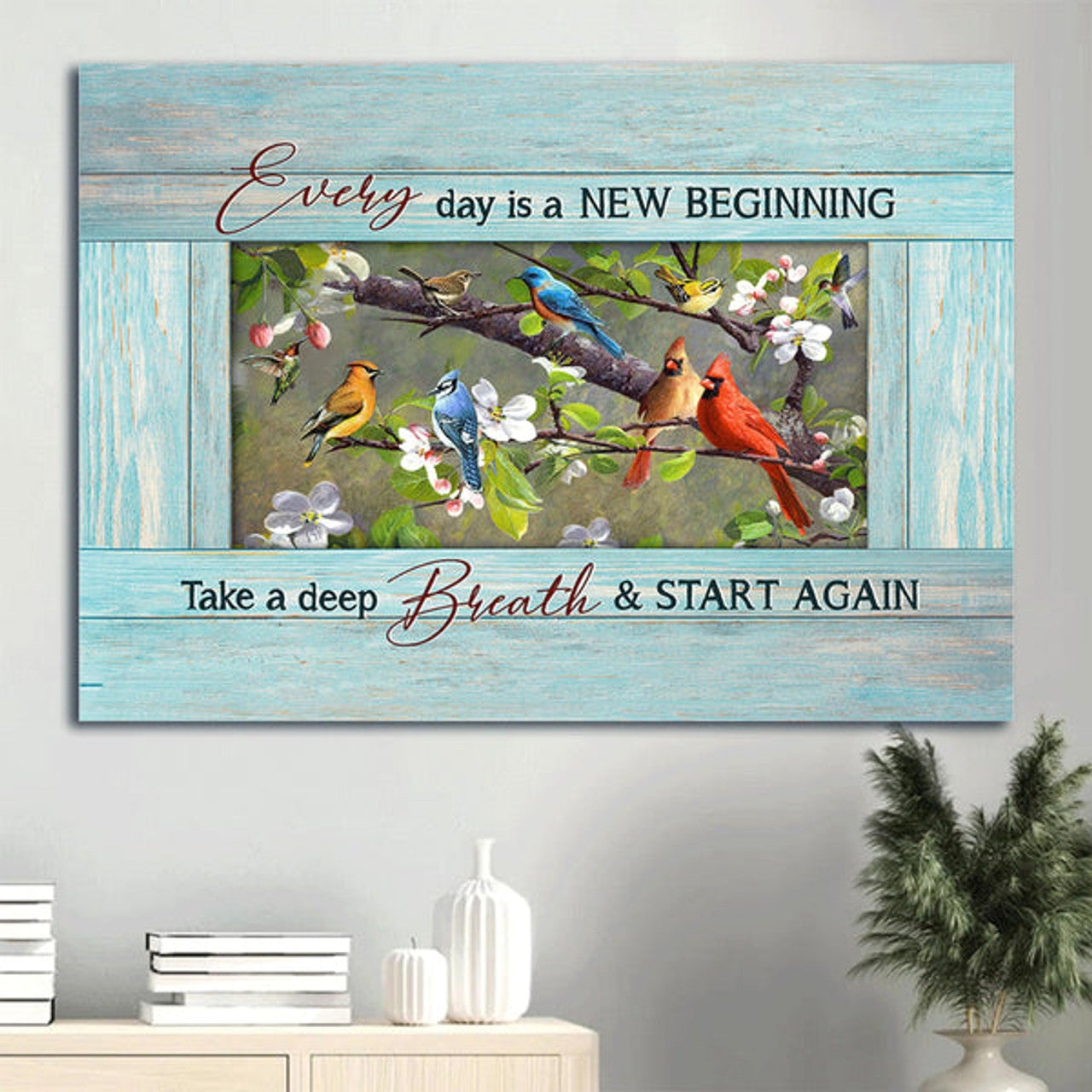 Colorful Cardinal Hummingbird Drawing Peach Blossom Every Day Is A New Beginning Take A Deep Breath And Start Again Canvas Wall Art - Christian Wall Decor