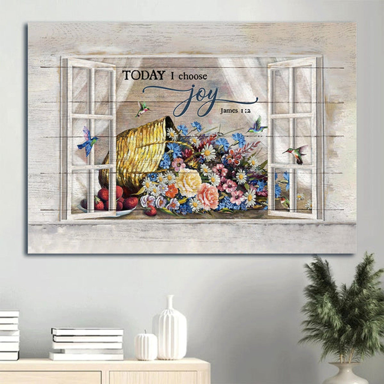 Colorful Flower Hummingbird Window Frame Today I Choose Joy Canvas Wall Art - Christian Wall Decor
