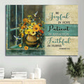 Colorful Flower Painting Pretty Hummingbird Wooden Window Be Joyful In Hope In Affliction Faithful In Prayer Canvas Wall Art - Christian Wall Decor