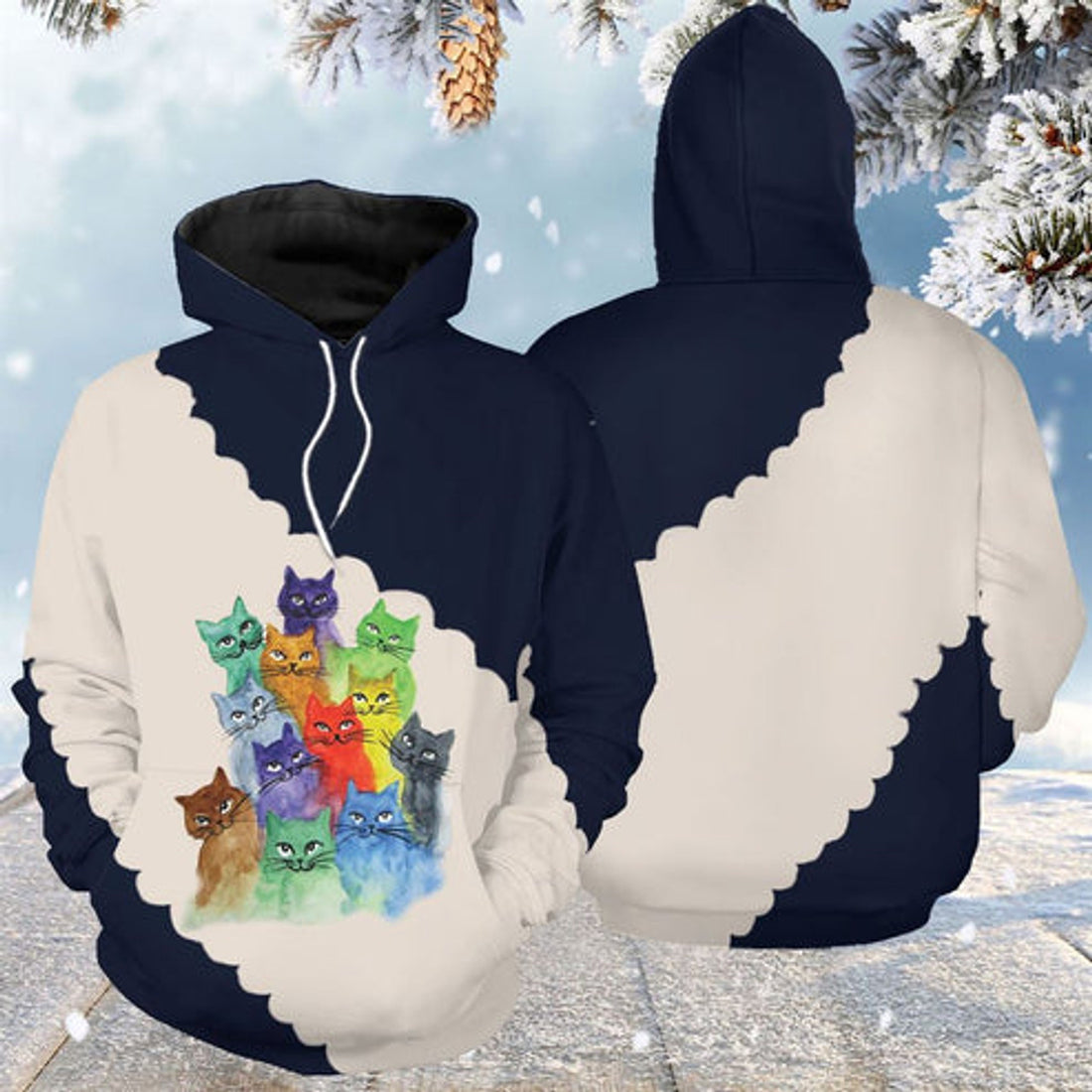 FUNSTUFFPRINT 3D Colorful Gradient Cat All Over 3D Hoodie and Zip Hoodie