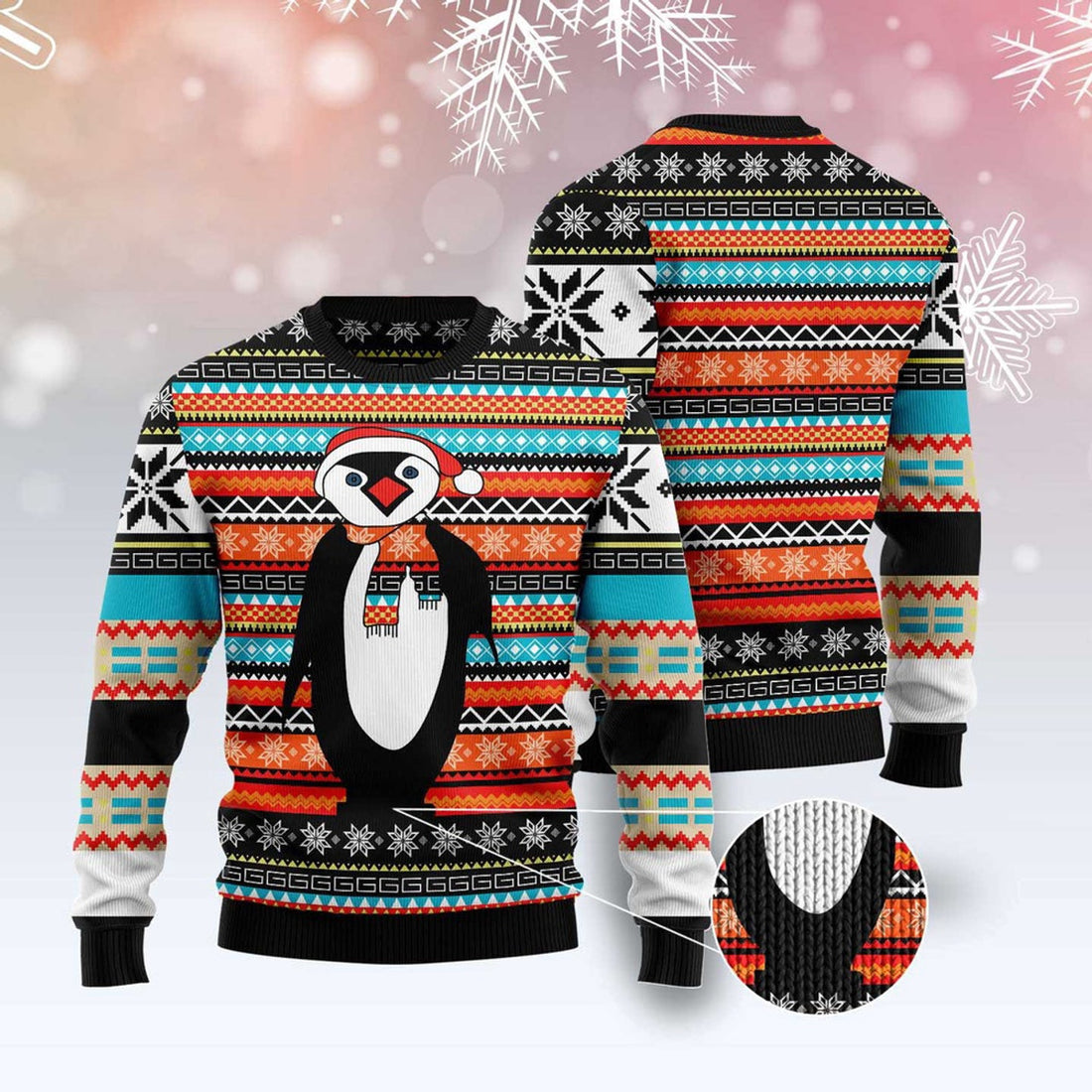 FUNSTUFFPRINT Colorful Pattern Penguin Ugly Christmas Sweater, Christmas Sweater, Ugly Sweater, Funny Xmas Sweaters Ugly Sweater