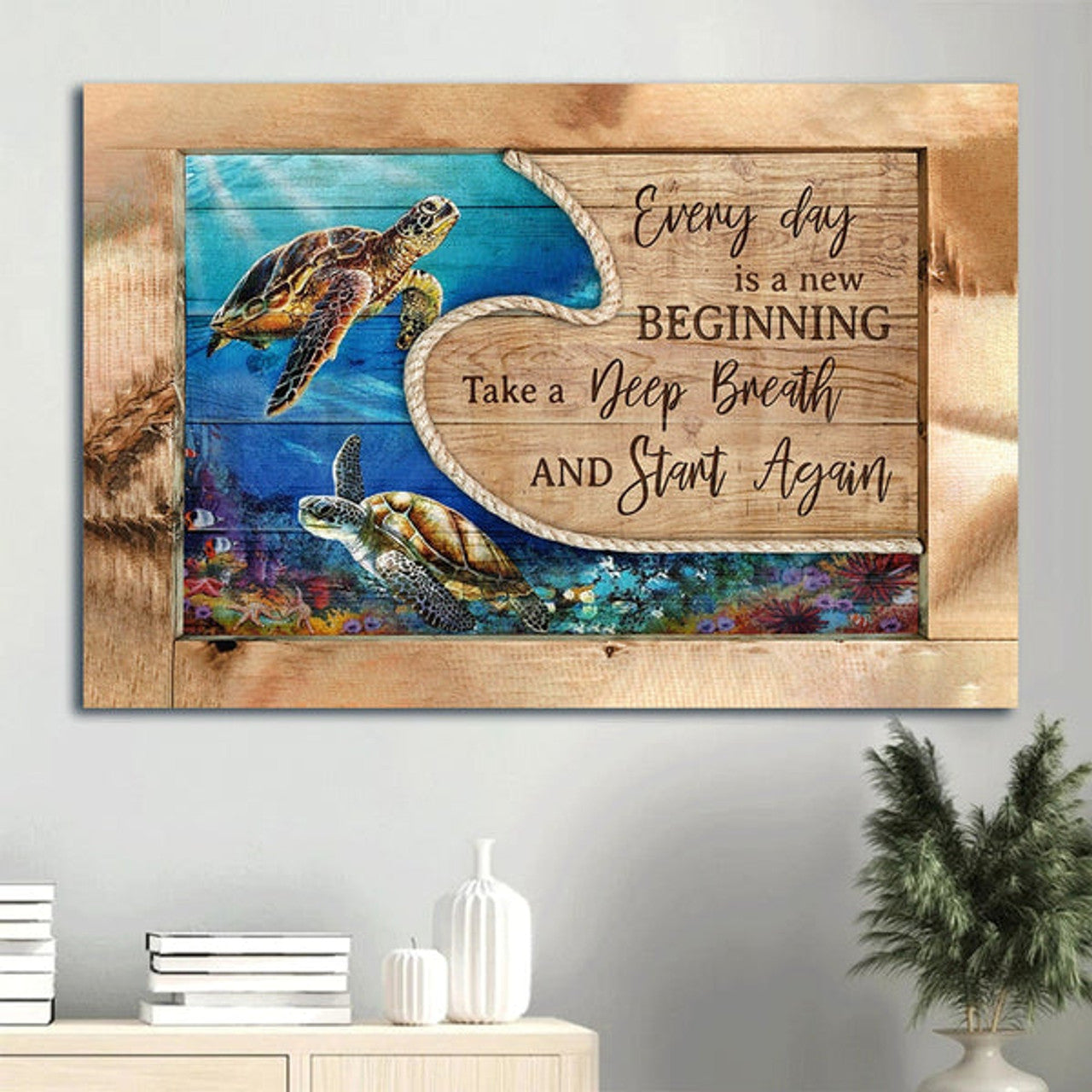 Colorful Sea Turtles Blue Ocean Beautiful Marine Every Day Is A New Beginning Take A Deep Breath And Start Again Canvas Wall Art - Christian Wall Decor