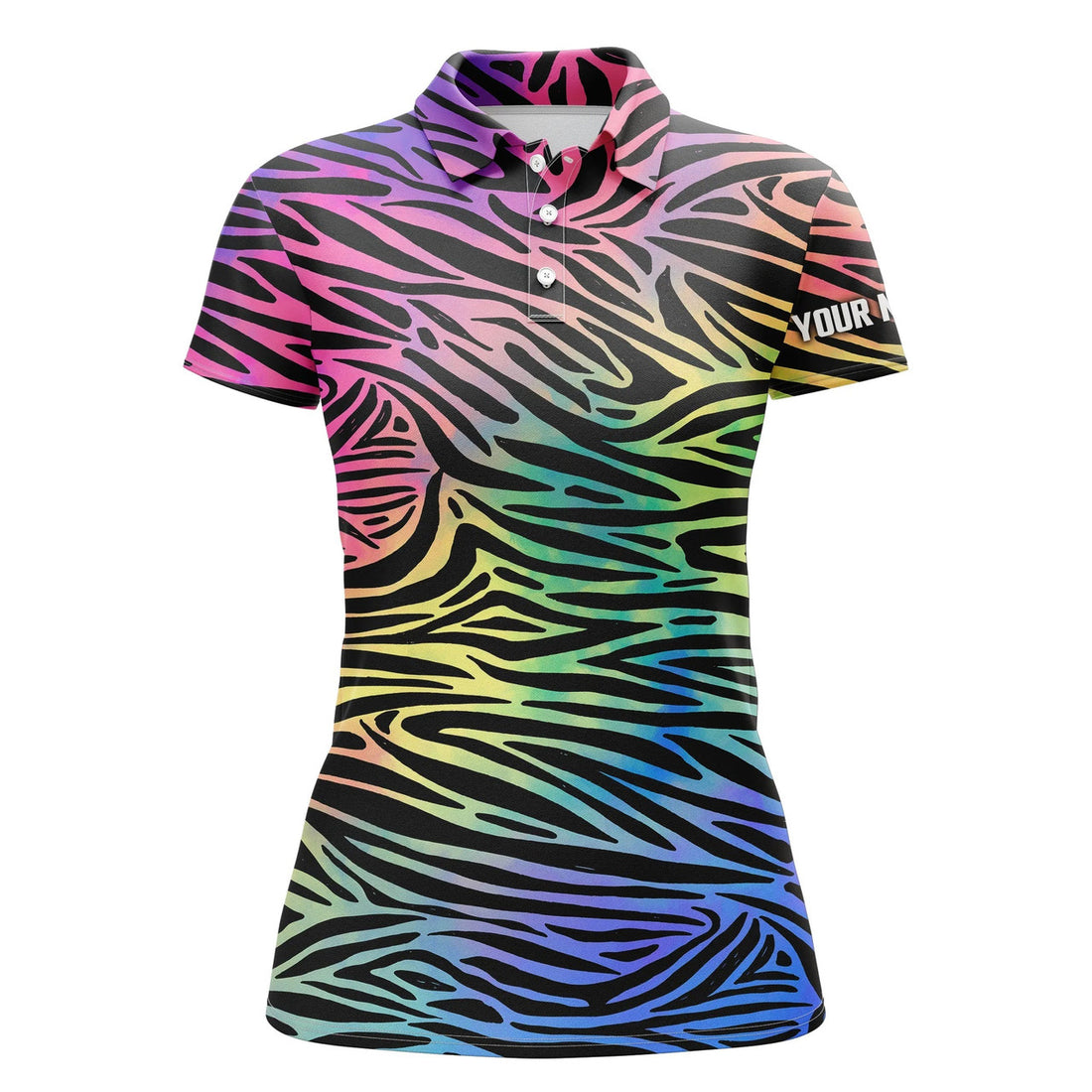 Custom Colorful Neon Rainbow Zebra Skin Womens Golf Polo Shirts, Team Golf Shirt Gift For Golf Lovers, Perfect Gift For Women