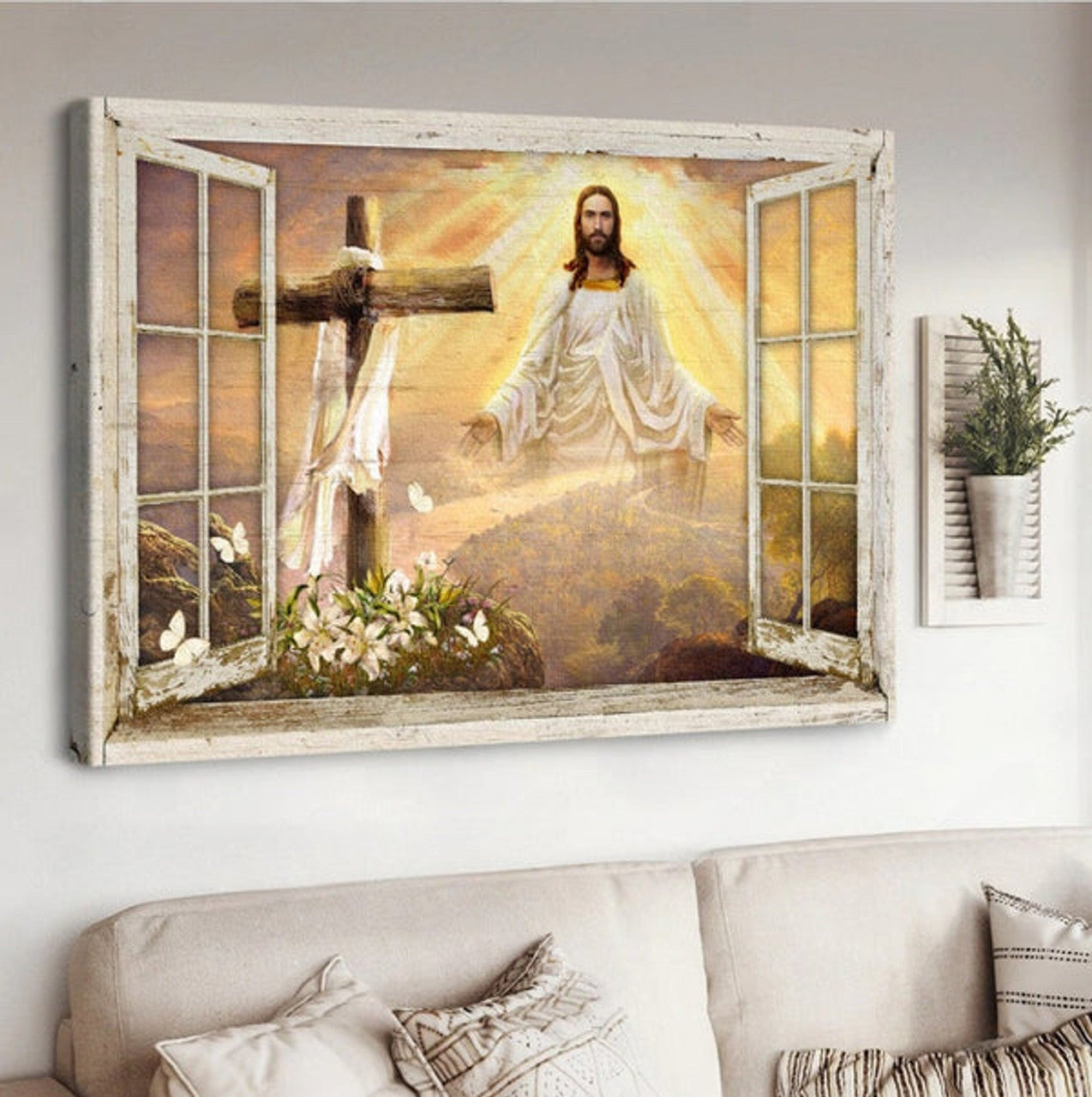 Come To Jesus Beautiful Sunset Cross Lily Garden Canvas Wall Art - Jesus Canvas Pictures - Christian Wall Posters
