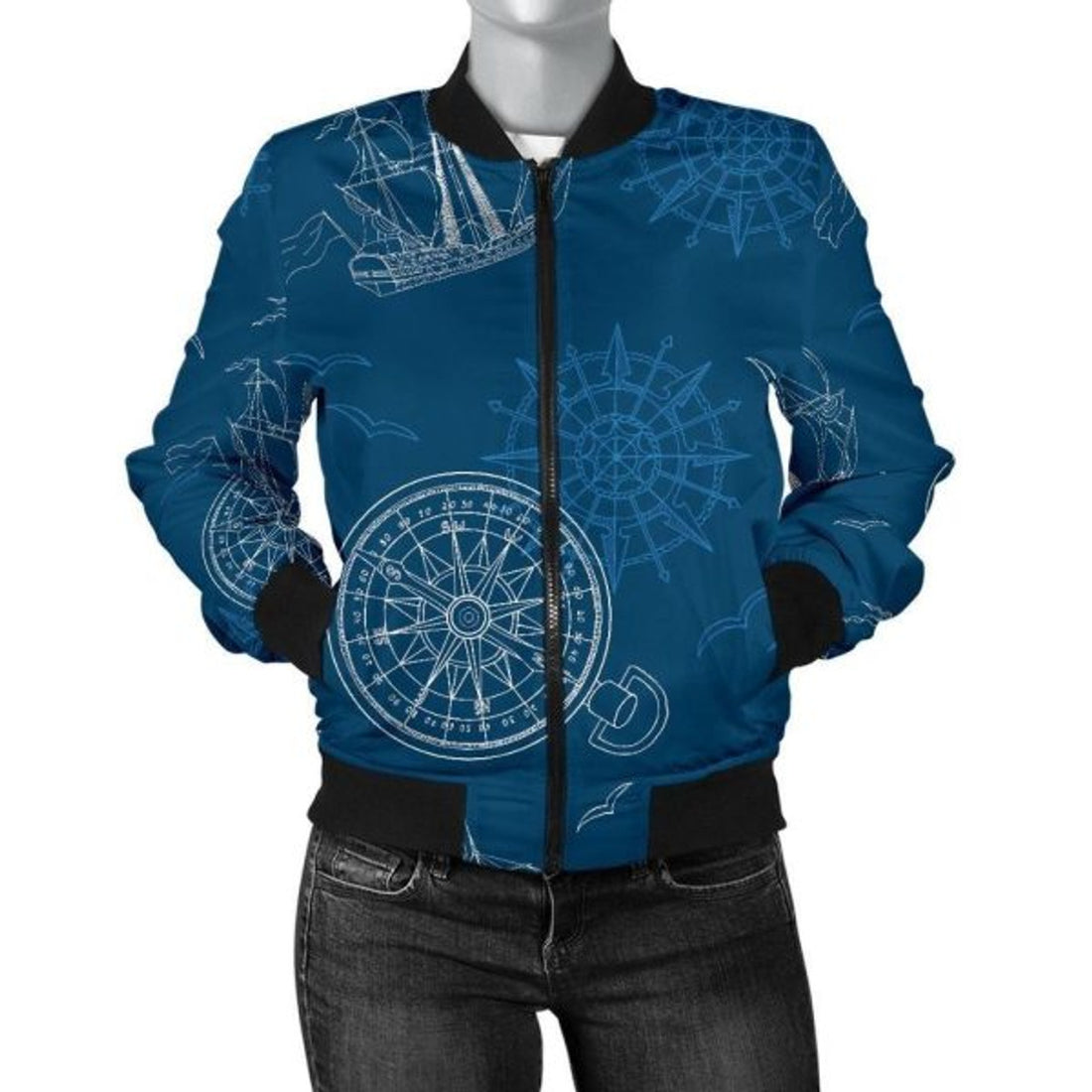 FUNSTUFFPRINT Compass Direction Pattern Print Women Casual 3D Bomber Jacket