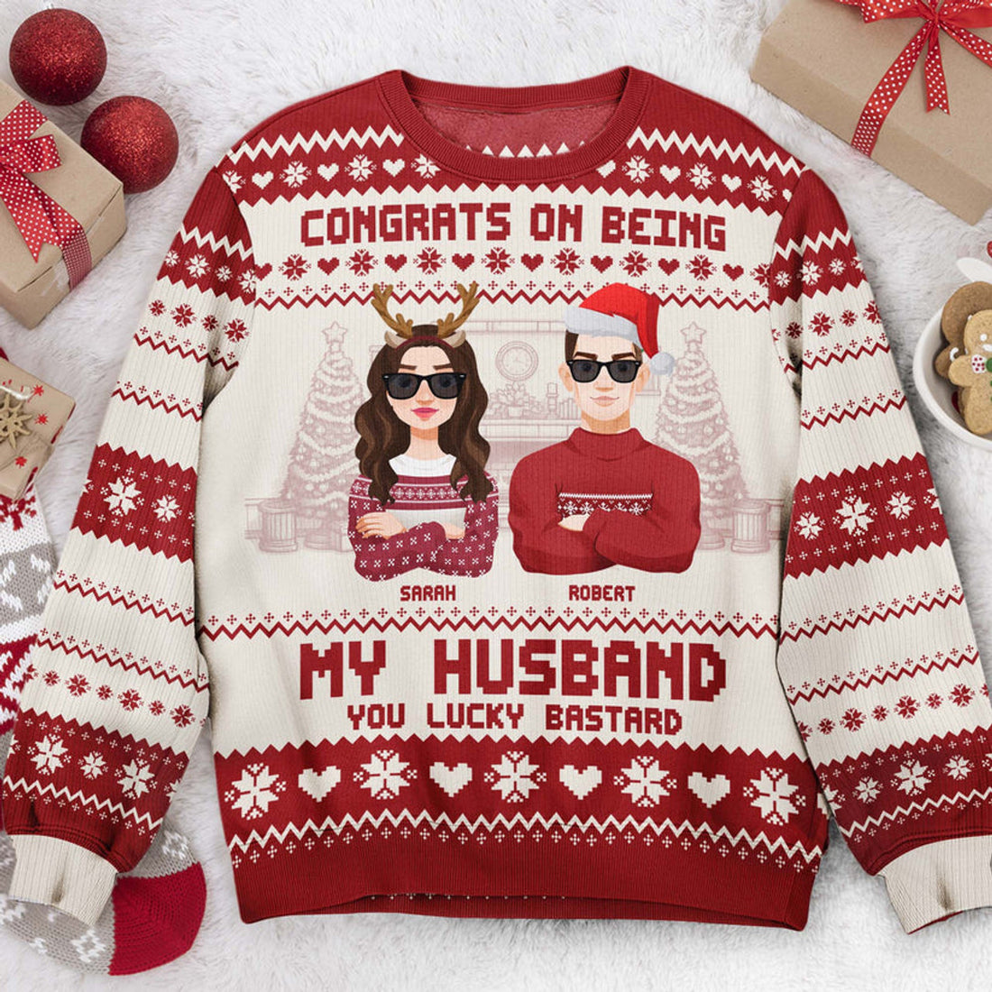 FUNSTUFFPRINT Custom  Congrats On Being My Husband Christmas Led Light  Ugly  Sweater