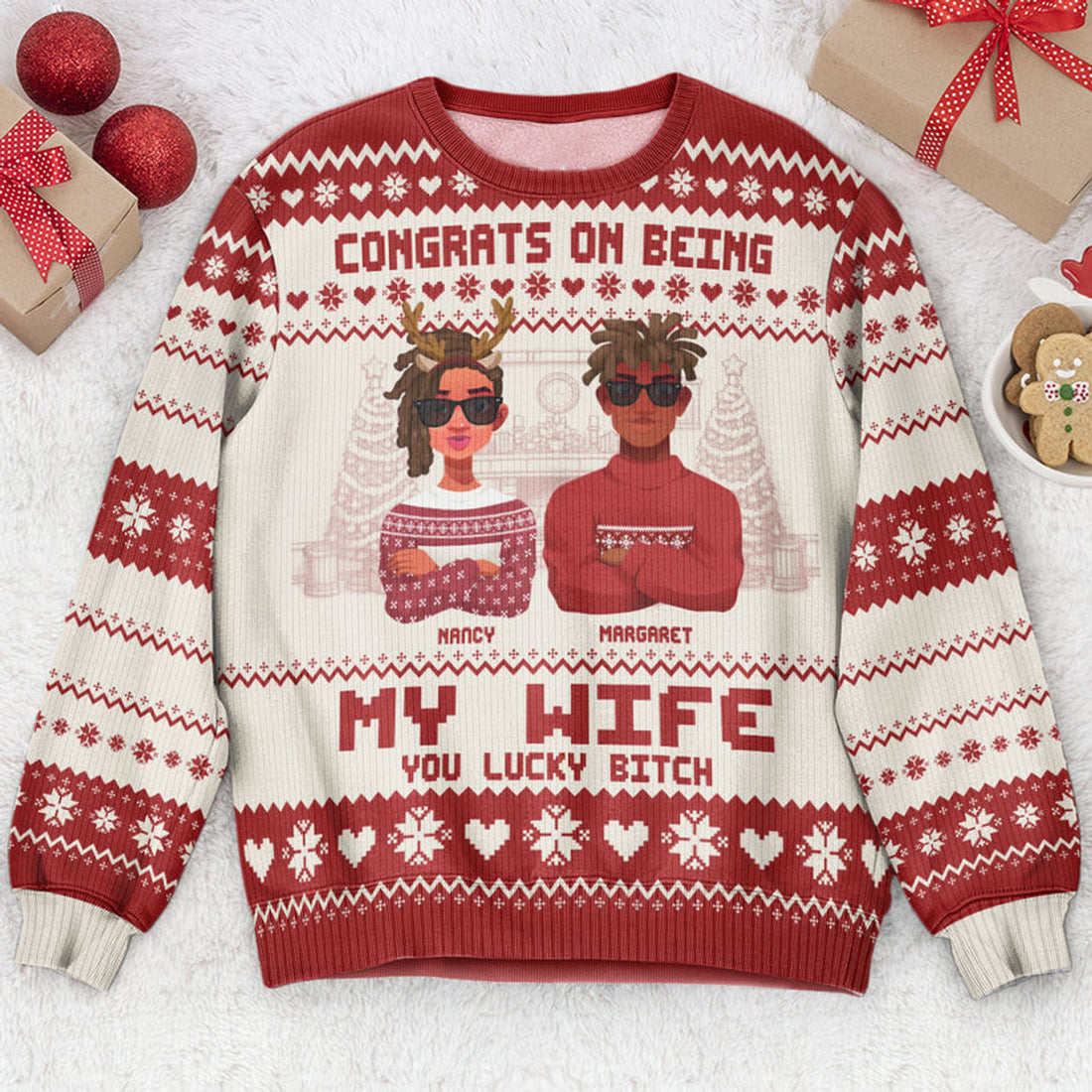 FUNSTUFFPRINT Custom Congrats On Being My Wife Christmas Led Light Ugly Sweater
