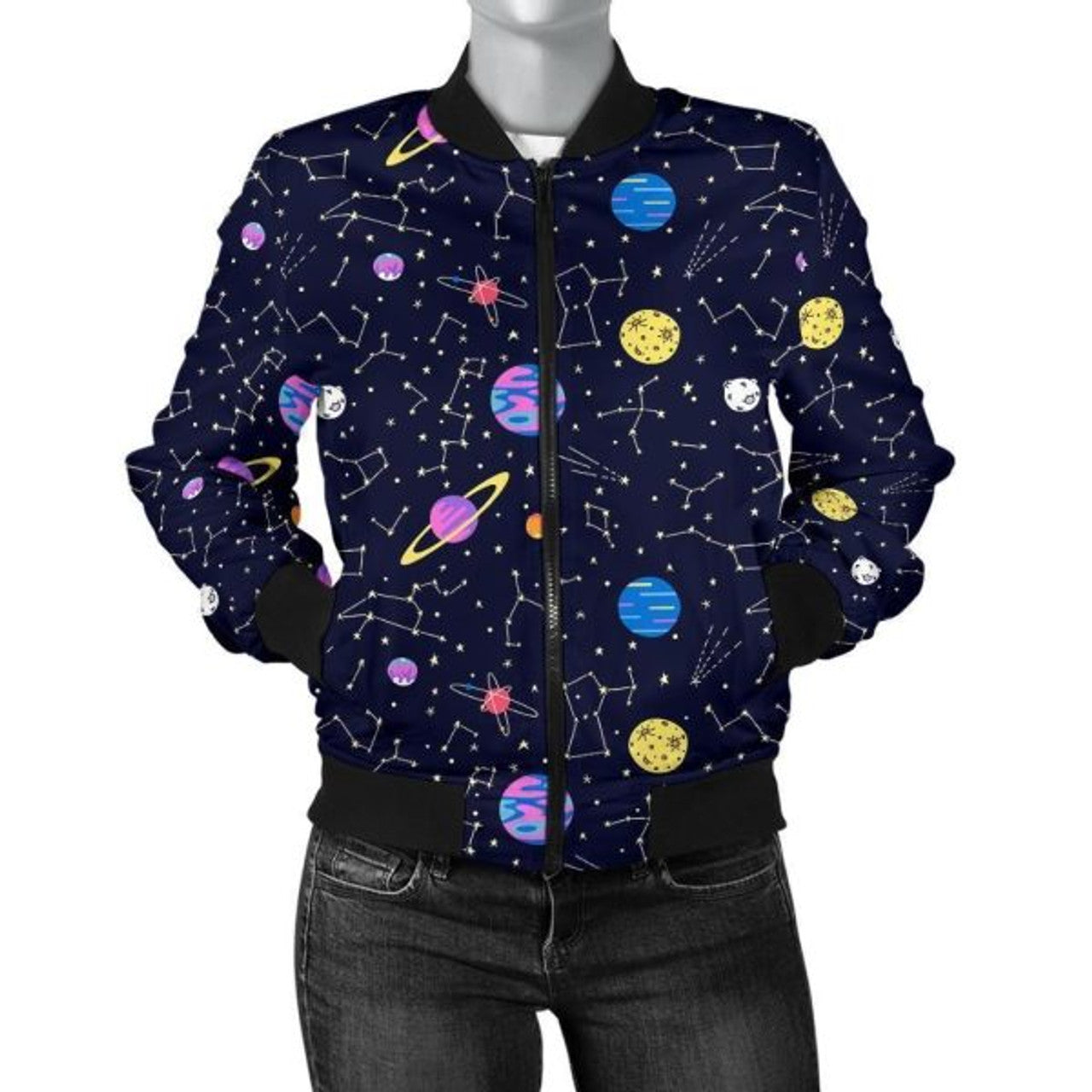 FUNSTUFFPRINT Constellation Planet Print Pattern Women Casual 3D Bomber Jacket