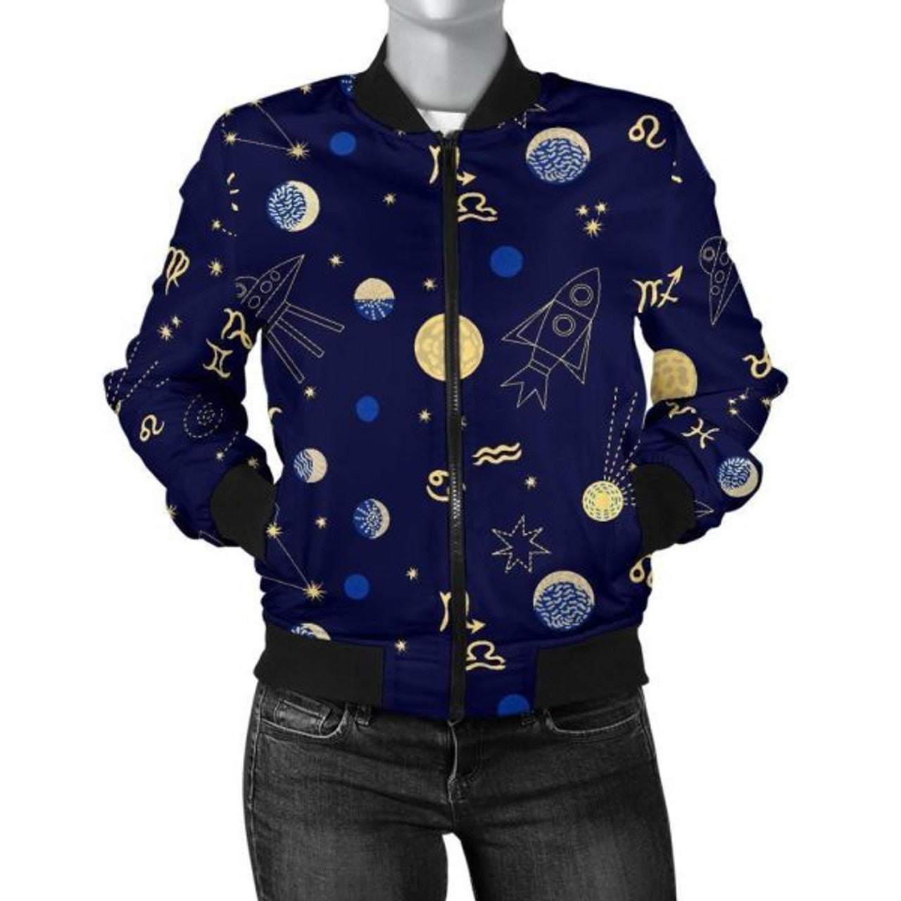 FUNSTUFFPRINT Constellation Print Pattern Women Casual 3D Bomber Jacket