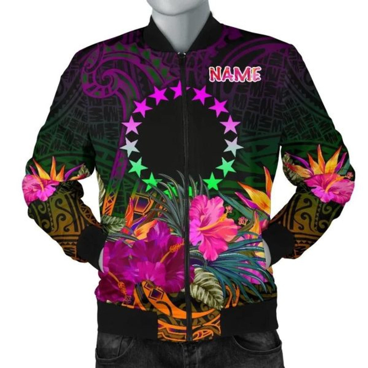 FUNSTUFFPRINT Cook Islands Personalised Polynesian Men's Bomber Jacket - Summer Hibiscus 3D Bomber Jacket