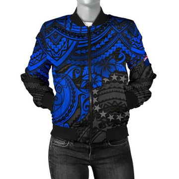 FUNSTUFFPRINT Cook Islands Polynesian Bomber Jacket (Women) - Blue Turtle 3D Bomber Jacket